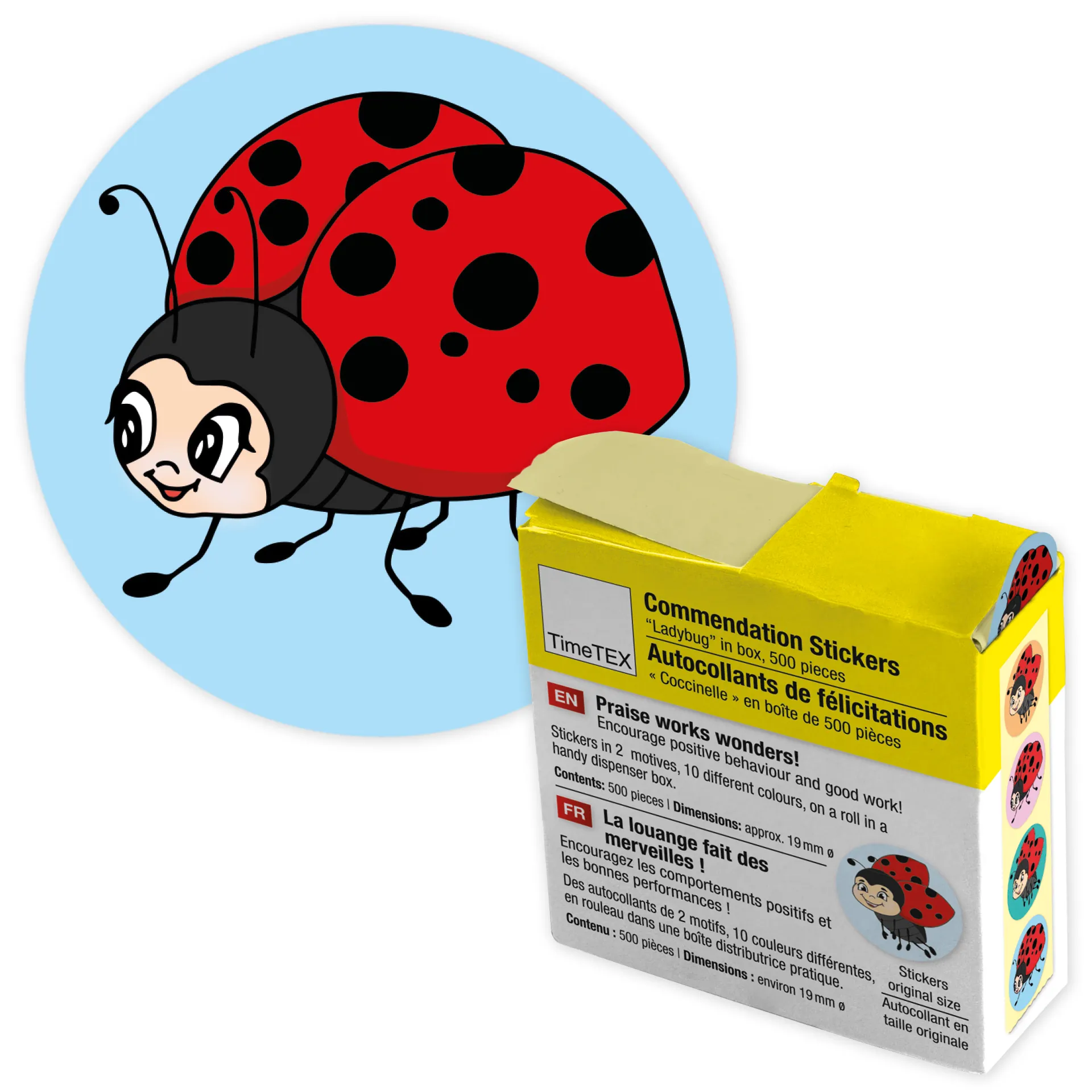 Belobigungs-Aufkleber "Marienkäfer" in Spender-Box, 500 Stück