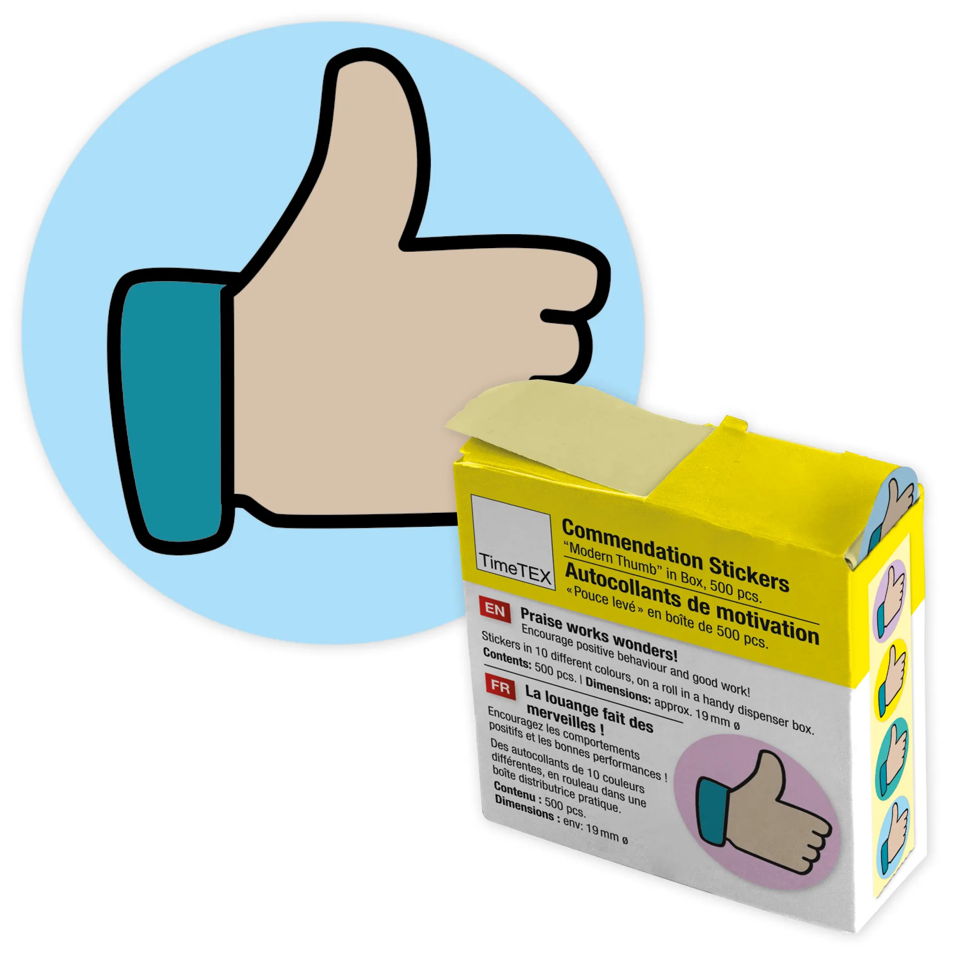 Belobigungs-Aufkleber "Daumen modern" in Spender-Box, 500 Stück