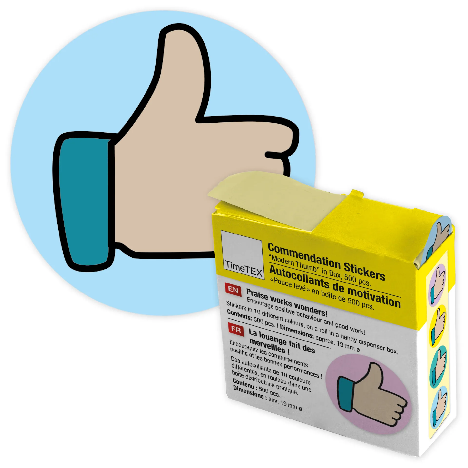 Belobigungs-Aufkleber "Daumen modern" in Spender-Box, 500 Stück