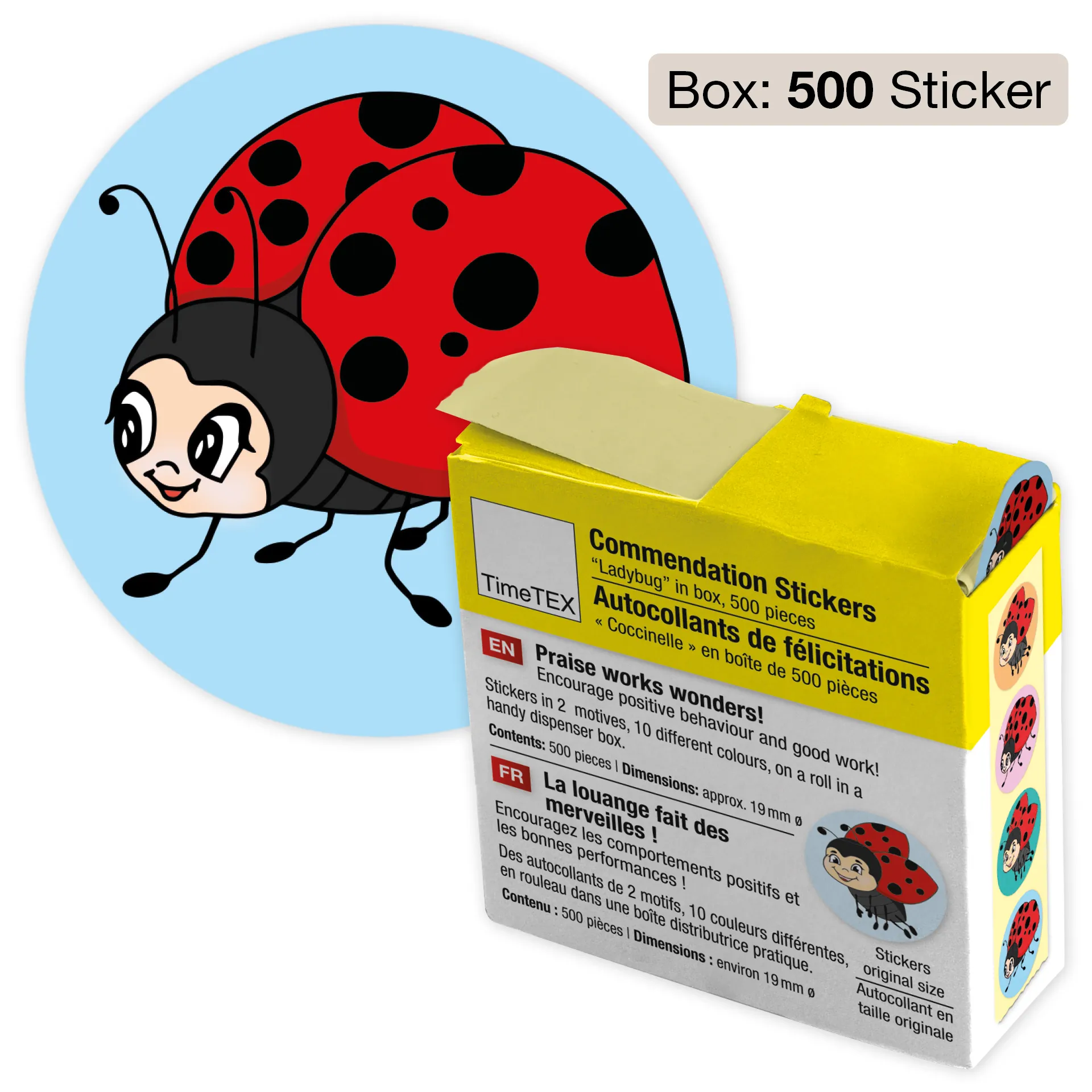 Belobigungs-Aufkleber "Marienkäfer" in Spender-Box, 500 Stück