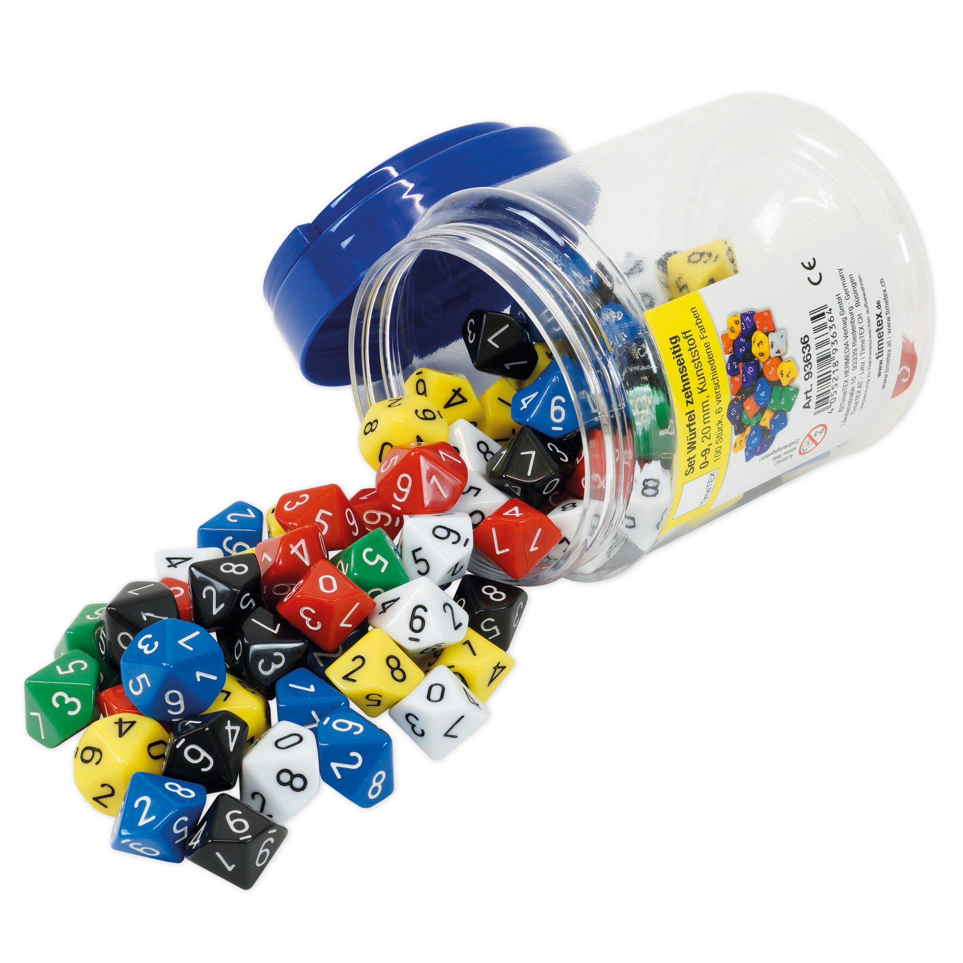 Set Würfel zehnseitig 0-9 (Einer), 100 Stück in Dose