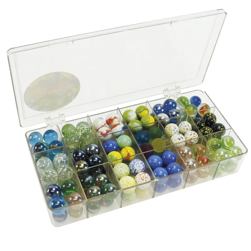 Glas-Murmeln "Faszination" in Box, 144 Stück, ca. 16 mm ø