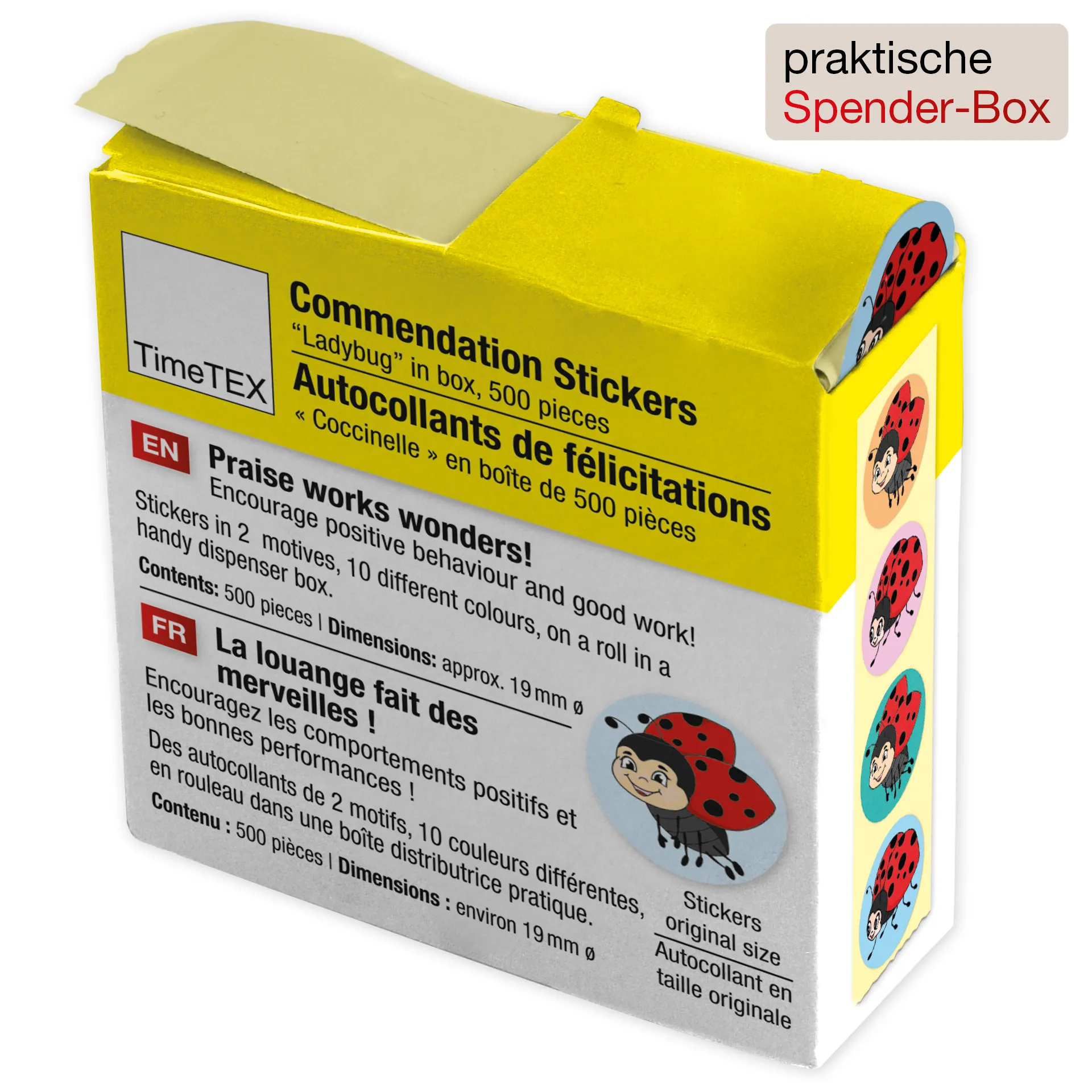 Belobigungs-Aufkleber "Marienkäfer" in Spender-Box, 500 Stück