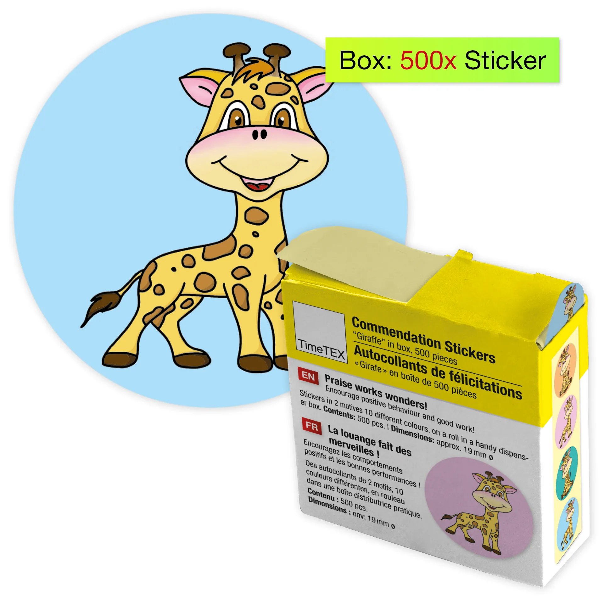 Belobigungs-Aufkleber "Giraffe" in Spender-Box, 500 Stück