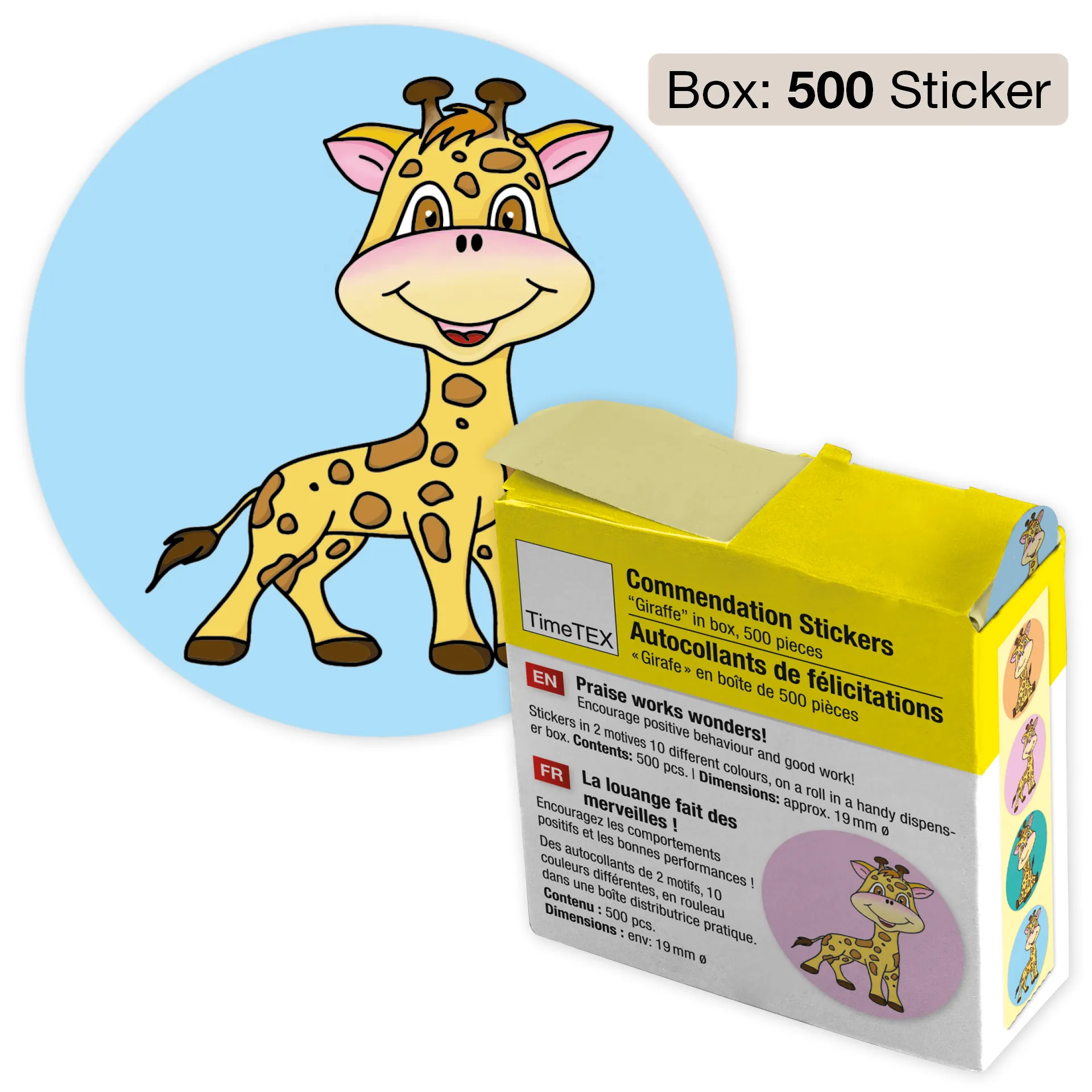 Belobigungs-Aufkleber "Giraffe" in Spender-Box, 500 Stück