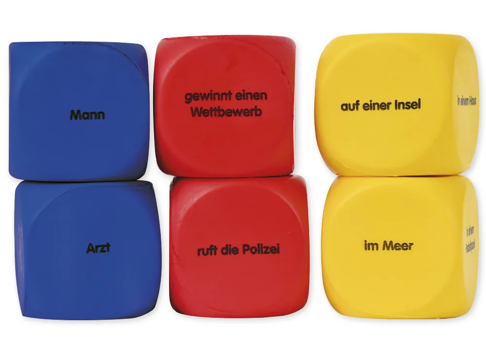 Set Flüster-Würfel 6-tlg. Deutsch "Geschichten-Einstieg", 4 cm