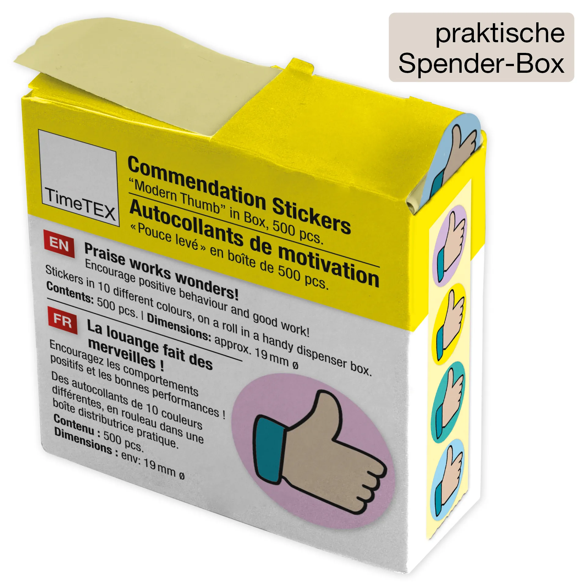 Belobigungs-Aufkleber "Daumen modern" in Spender-Box, 500 Stück