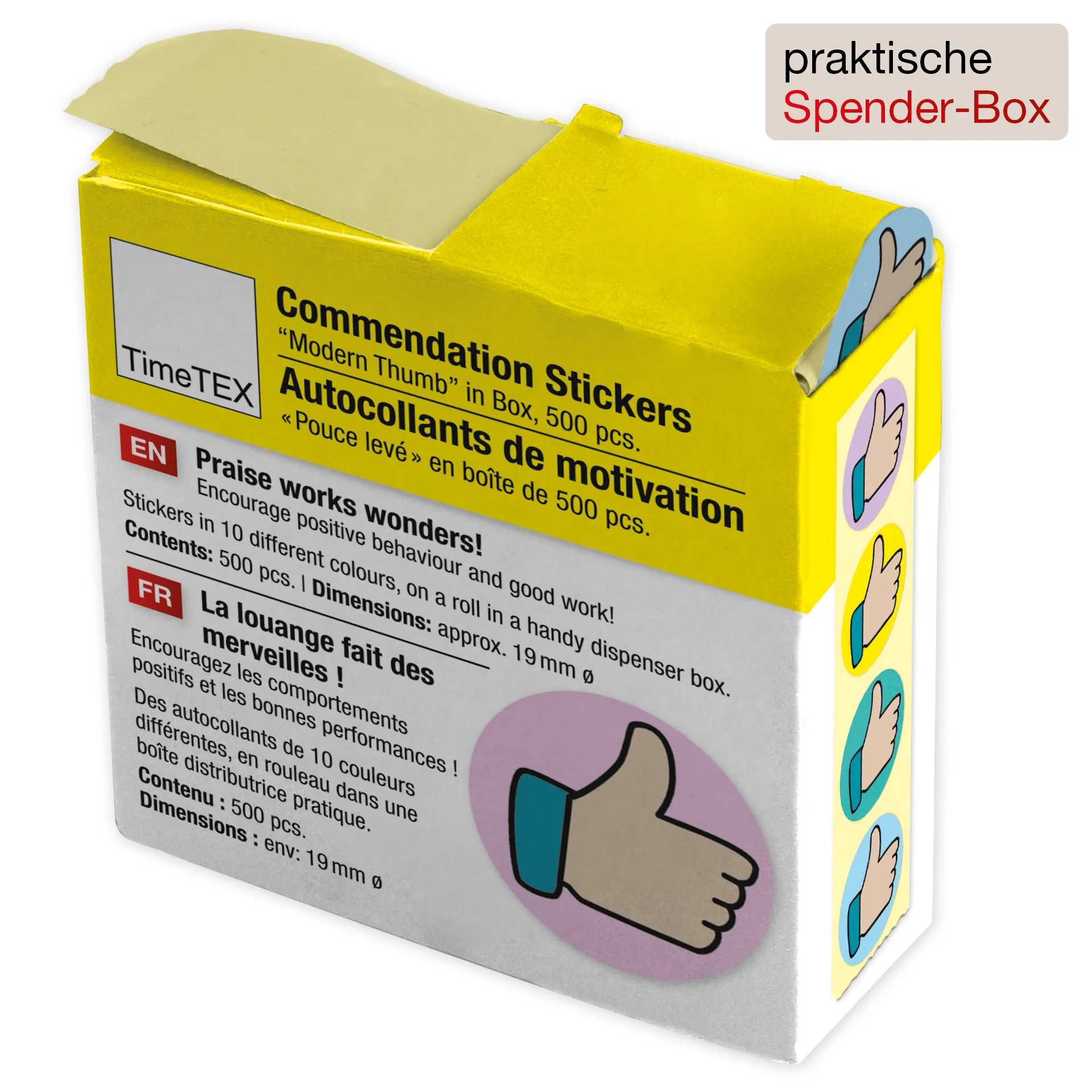 Belobigungs-Aufkleber "Daumen modern" in Spender-Box, 500 Stück