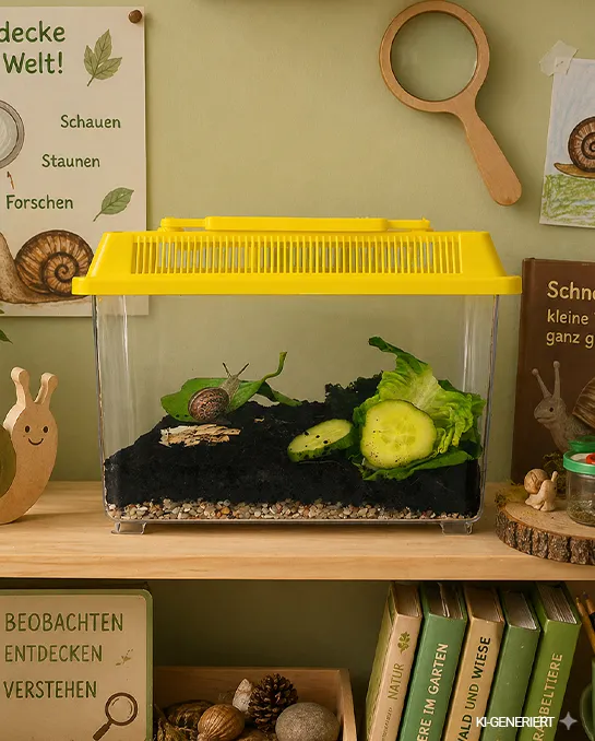 Ein gefülltes Hagemann Schnecken-Beobachtungs-Set mit reichlich Futter und Schnecke die an einem Blatt knabbert