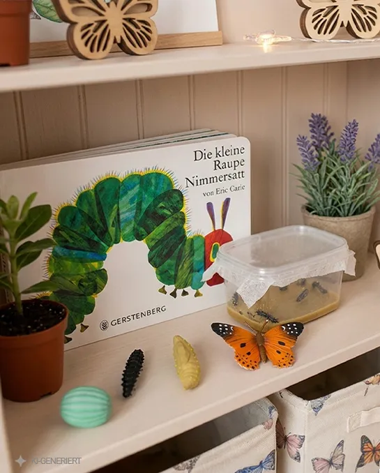 Ein Regal in dem das Buch "Raupe Nimmersatt" mit ein paar echten Raupen im Aufzuchtbehälter zu sehen sind