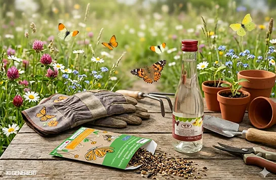 Im Vordergrund sind Samen für eine Schmetterlingswiese und Schmetterlingsnektar zu sehen, dahinter ist eine üppig blühende Wiese