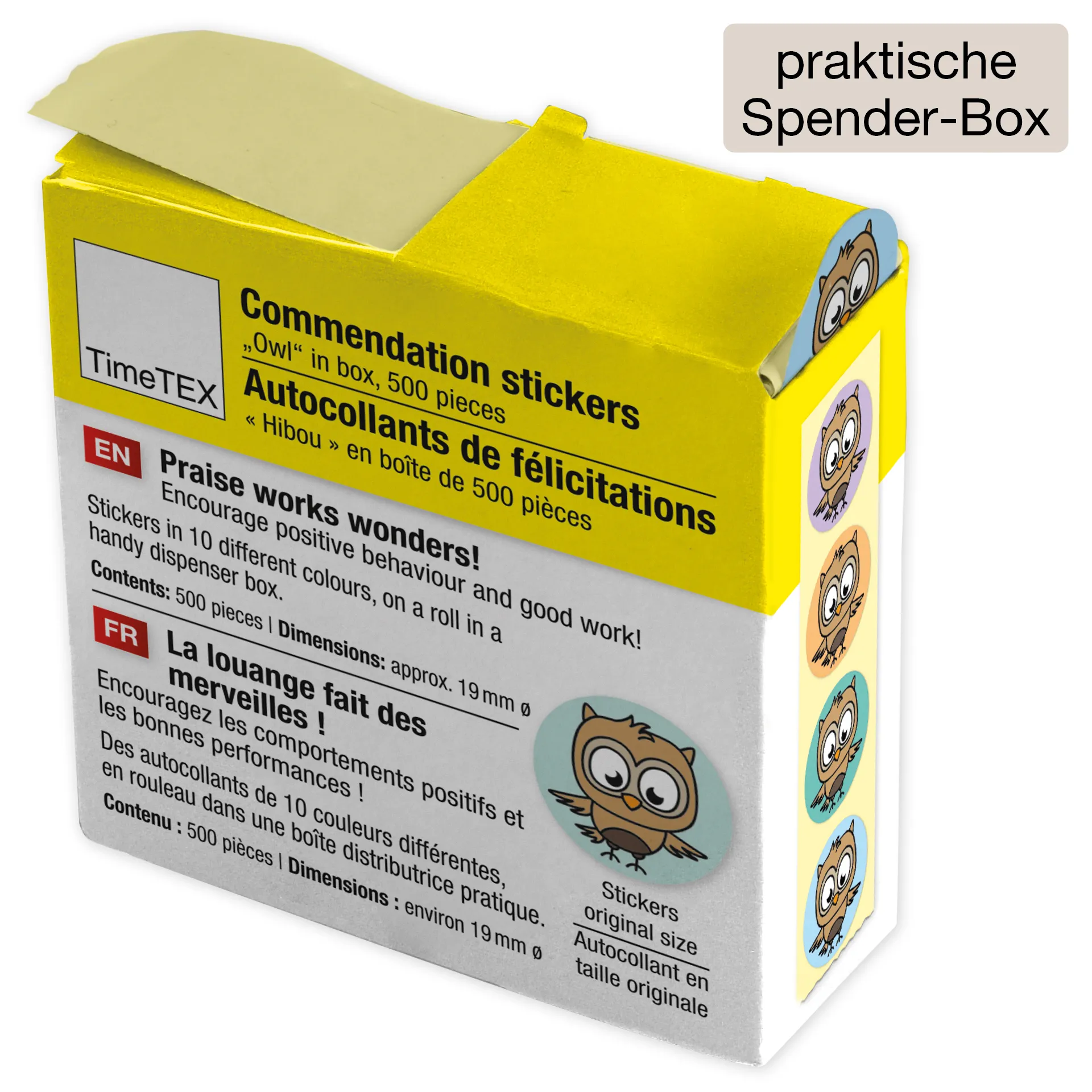 Belobigungs-Aufkleber "Eule" in Spender-Box, 500 Stück