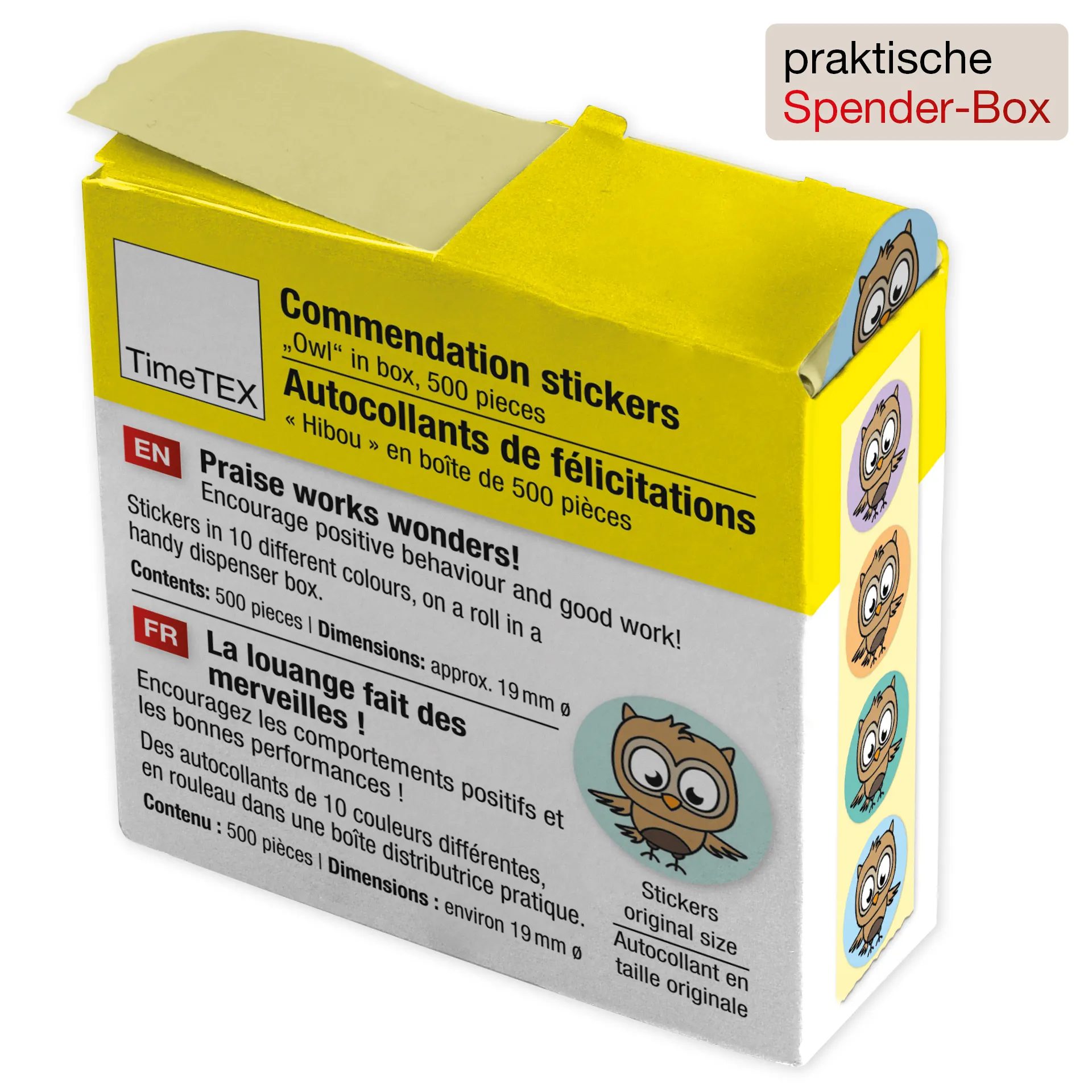 Belobigungs-Aufkleber "Eule" in Spender-Box, 500 Stück
