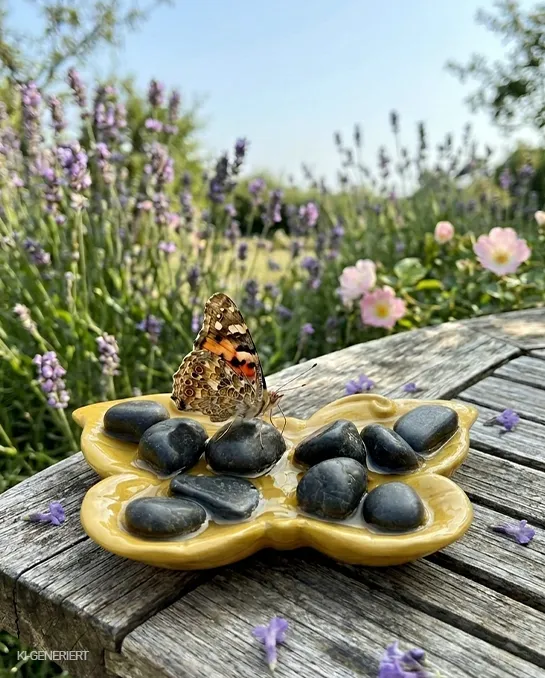 Schmetterling trinkt aus einer Schmetterlings-Tränke, in der sich verschieden große Steine -zu seinem Schutz, befinden