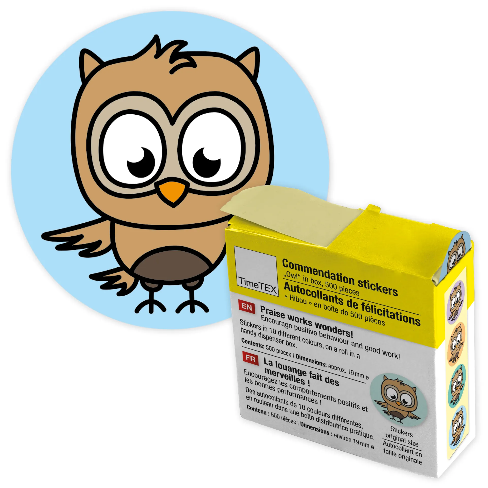 Belobigungs-Aufkleber "Eule" in Spender-Box, 500 Stück