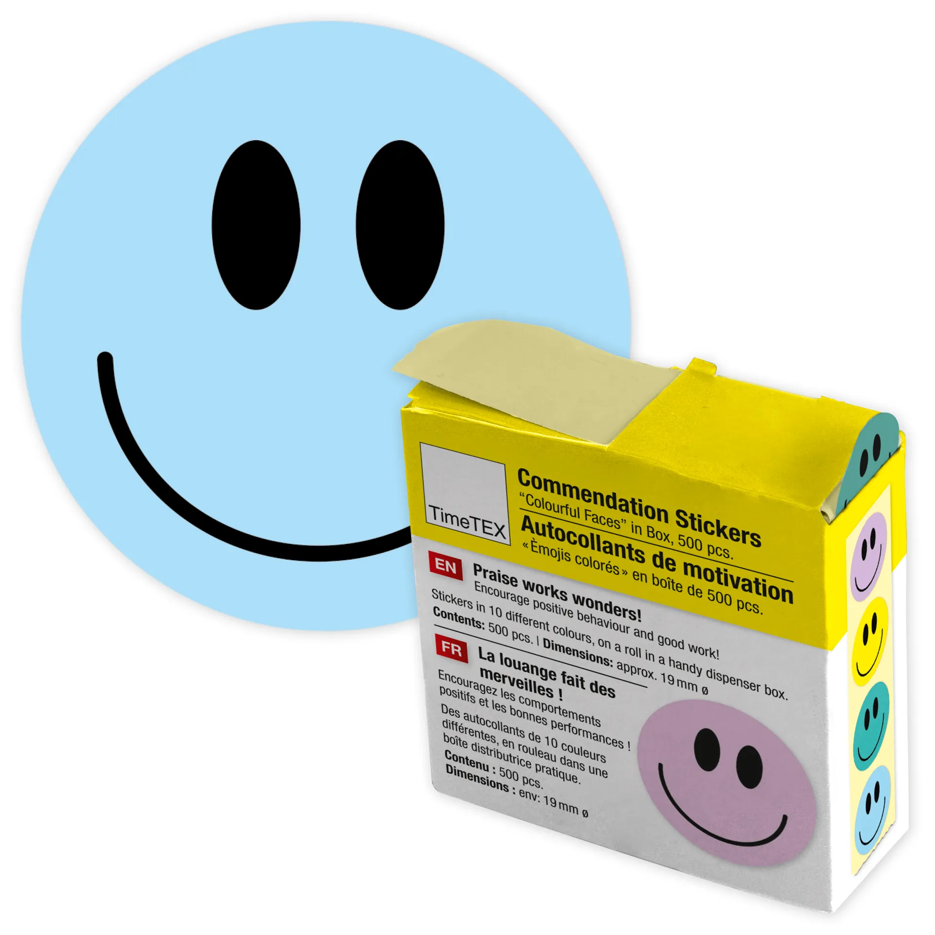 Belobigungs-Aufkleber "Gesichter bunt" in Spender-Box, 500 Stück