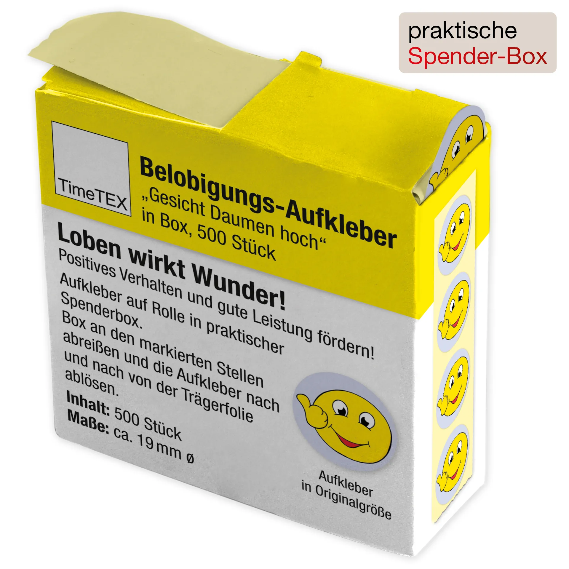 Belobigungs-Aufkleber "Gesicht Daumen hoch" in Spender-Box, 500 Stück