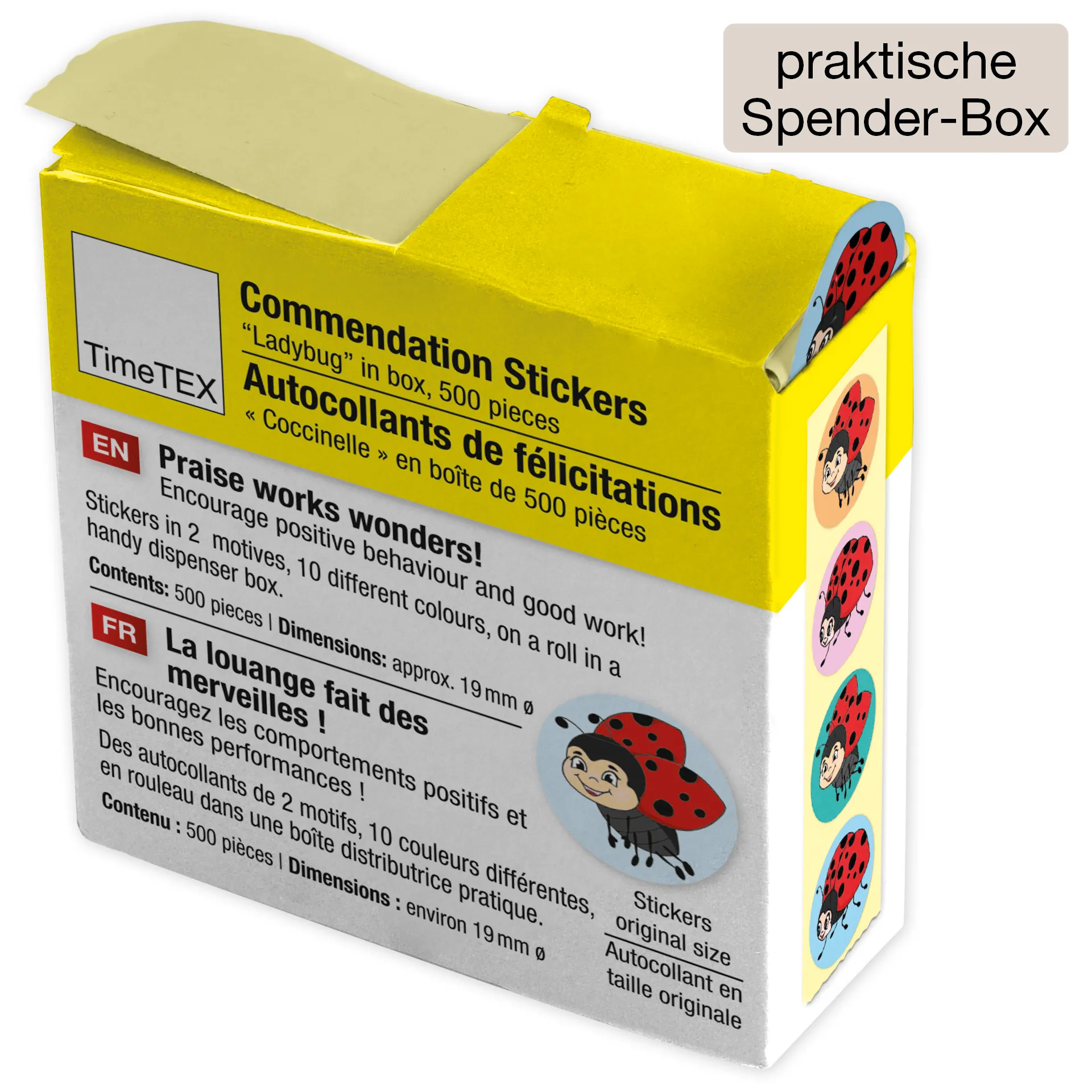 Belobigungs-Aufkleber "Marienkäfer" in Spender-Box, 500 Stück