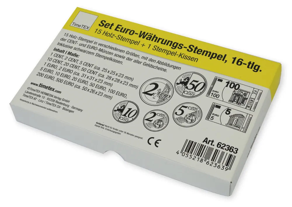 TimeTEX Set Währungs-Stempel EURO aus Holz mit Stempelkissen, 16-tlg.