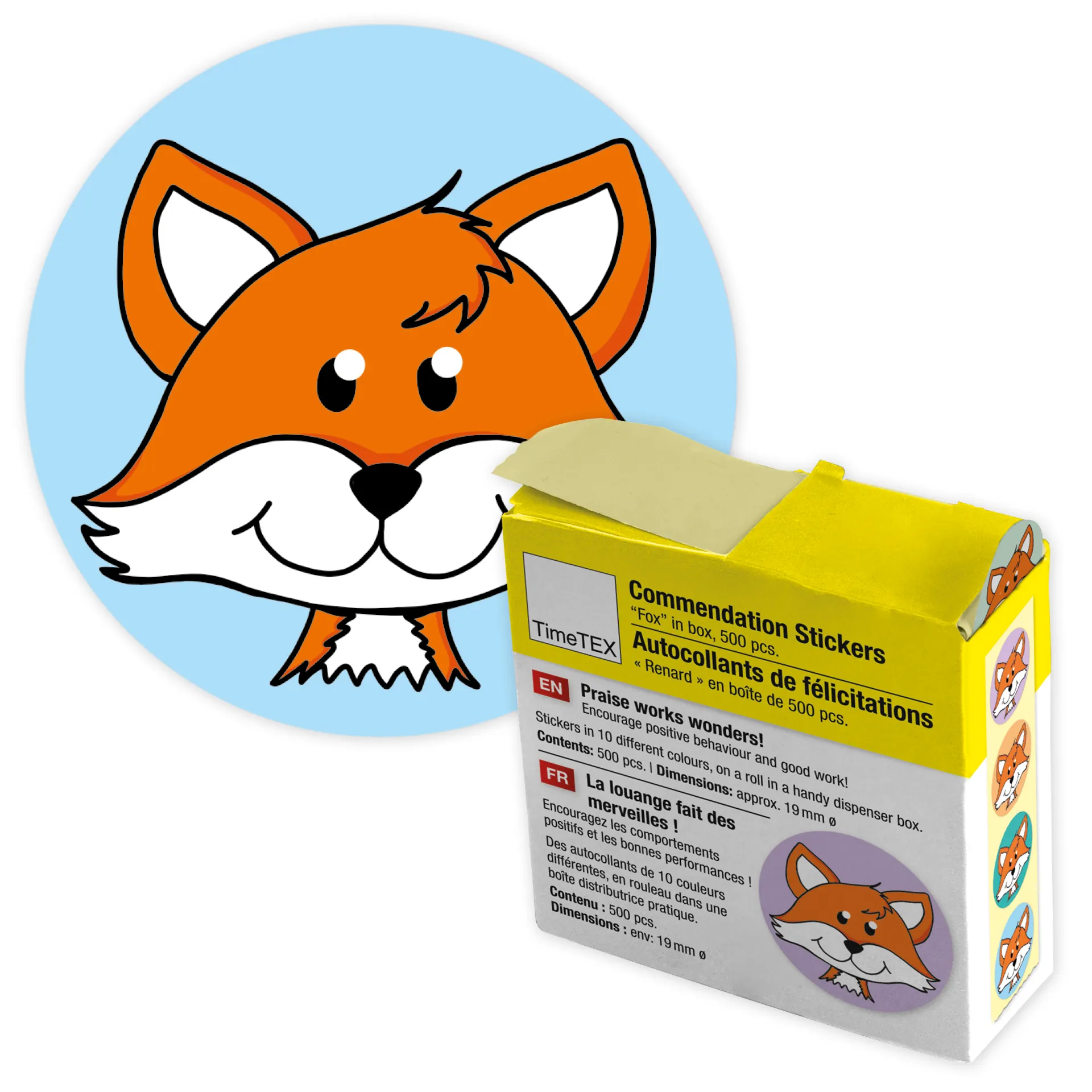 Belobigungs-Aufkleber "Fuchs" in Spender-Box, 500 Stück
