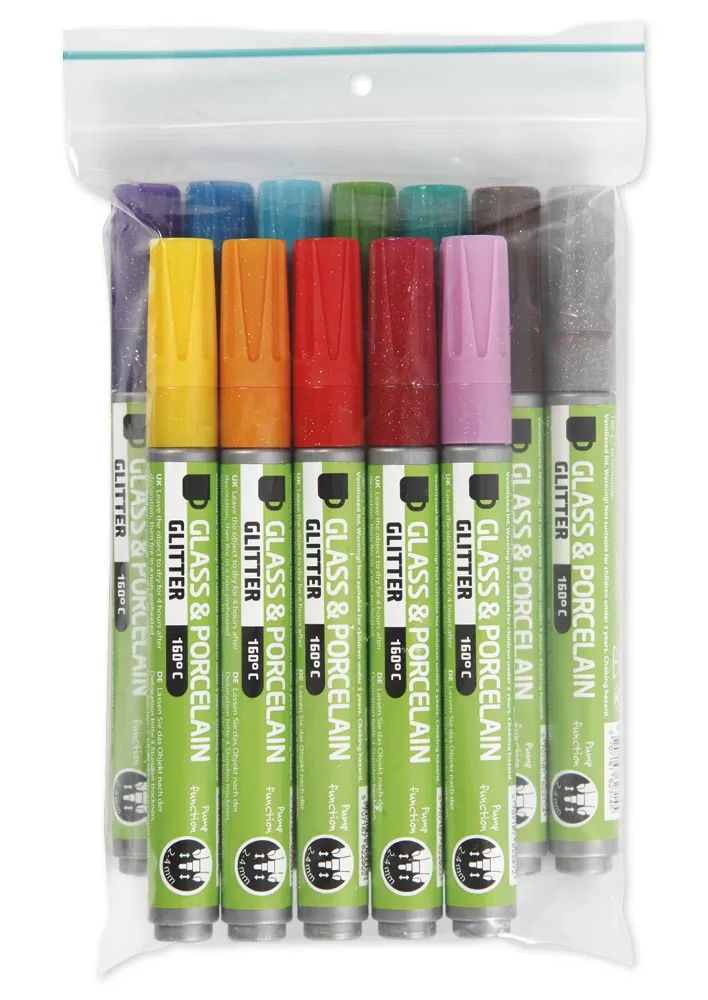 Glas- und Porzellanmaler Glitter, Strichstärke 2-4 mm, 12 Stück