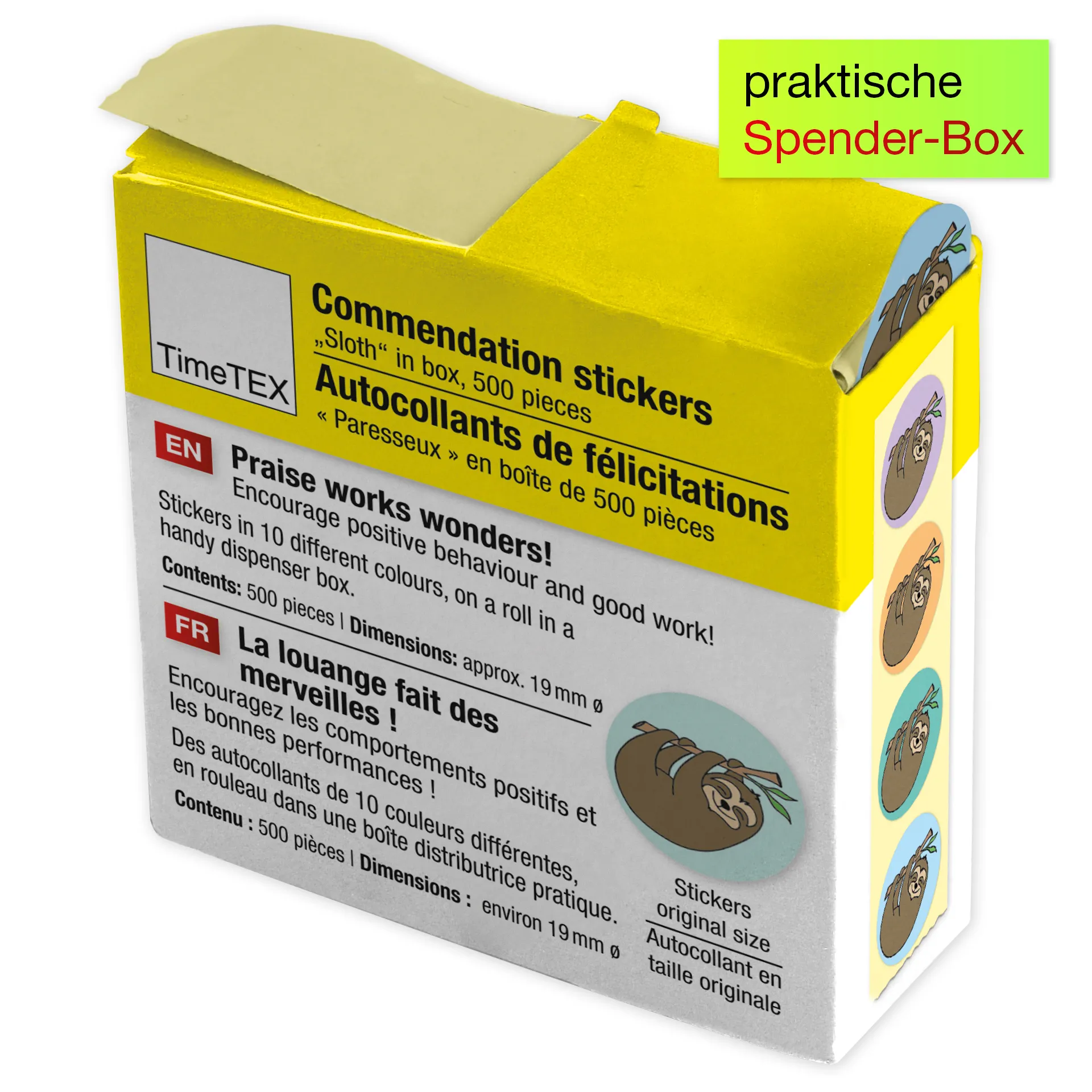 Belobigungs-Aufkleber "Faultier" in Spender-Box, 500 Stück