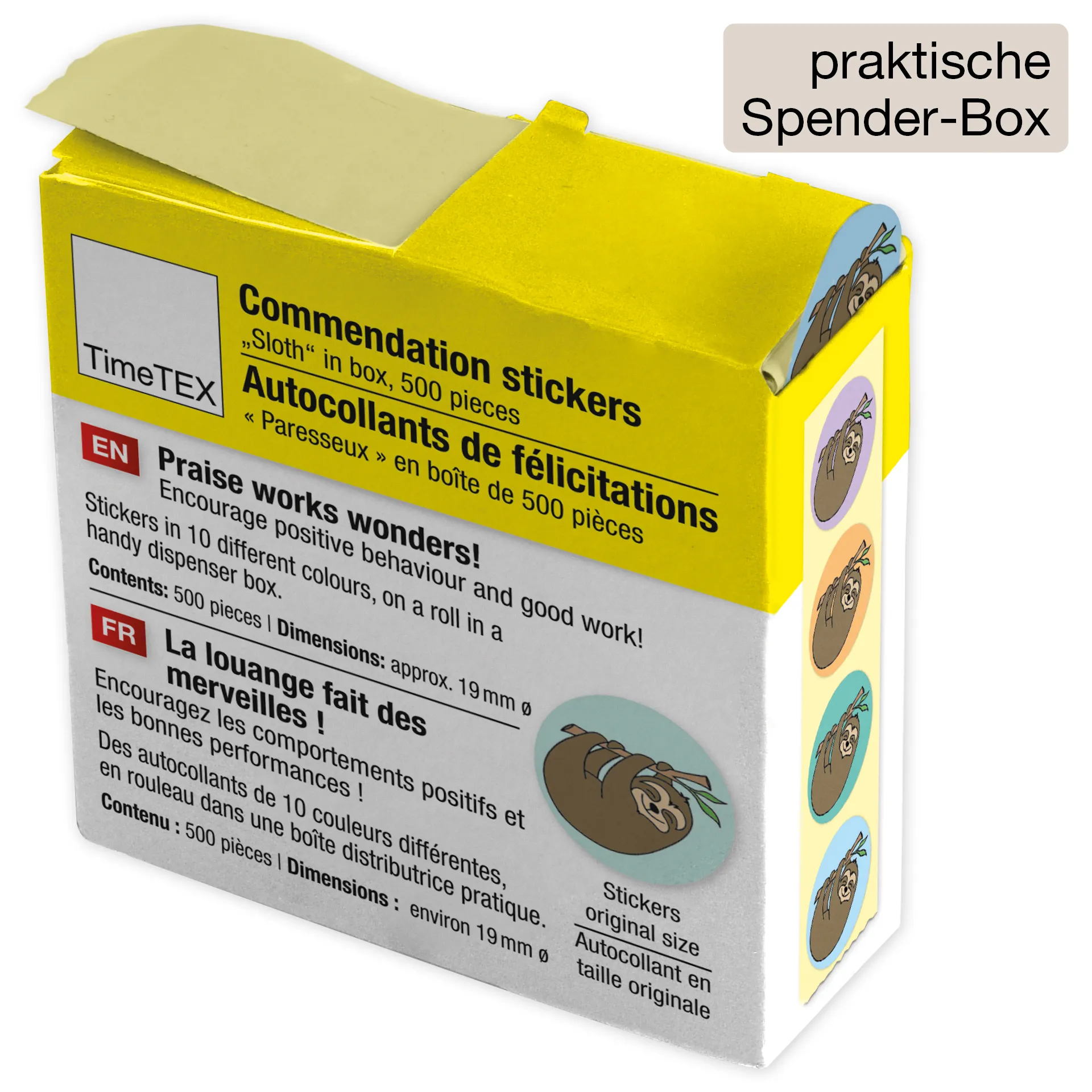 Belobigungs-Aufkleber "Faultier" in Spender-Box, 500 Stück