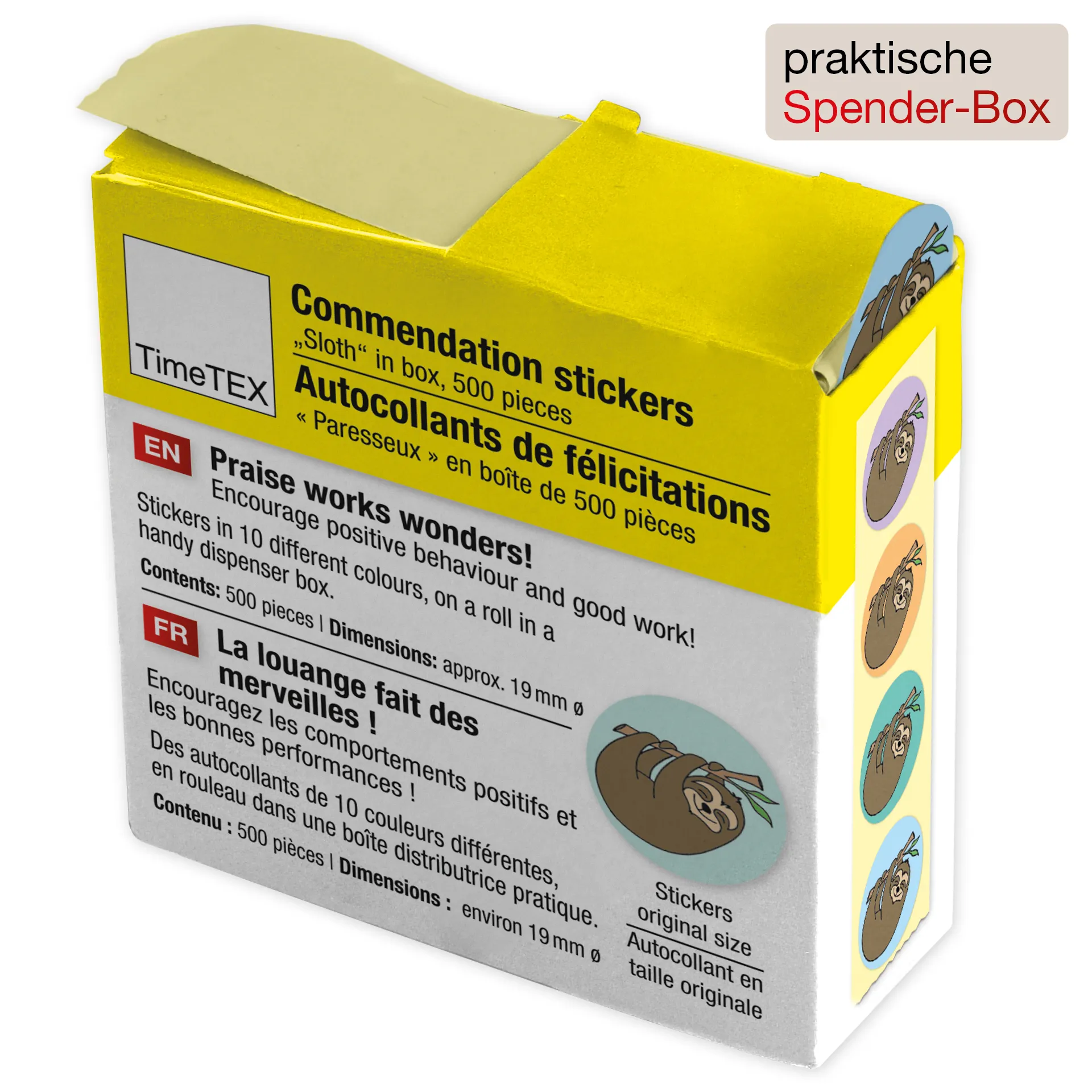 Belobigungs-Aufkleber "Faultier" in Spender-Box, 500 Stück
