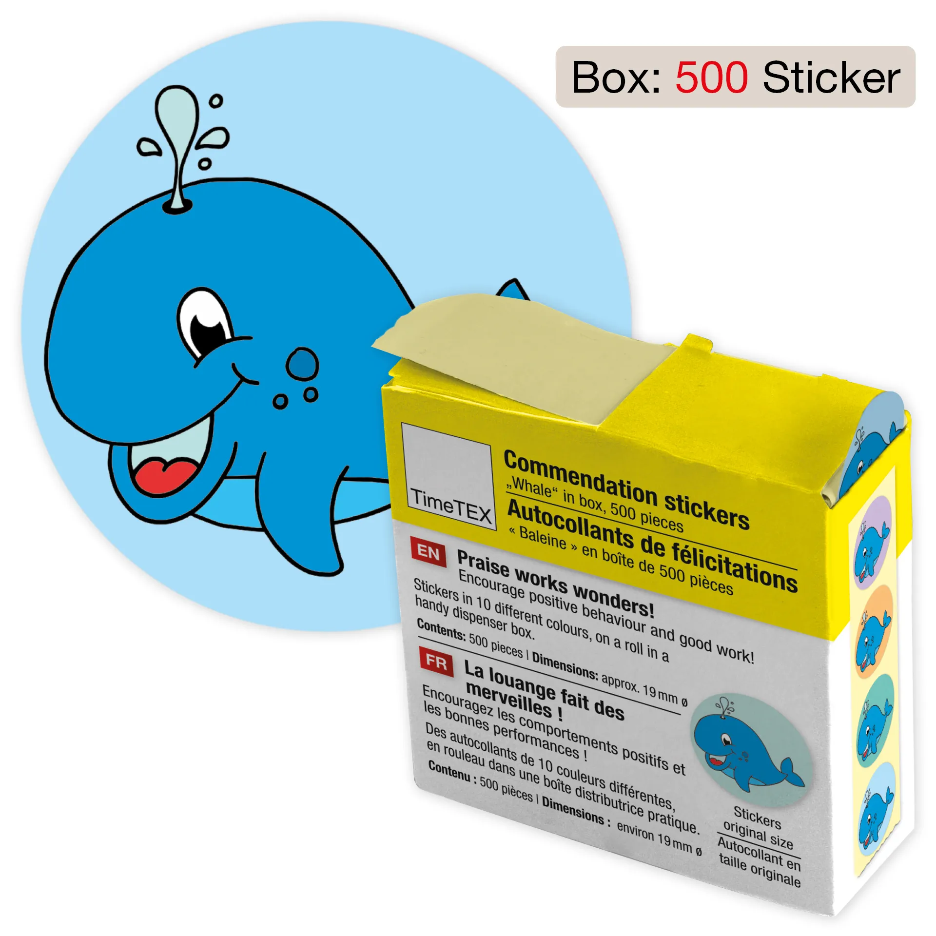 Belobigungs-Aufkleber "Wal" in Spender-Box, 500 Stück
