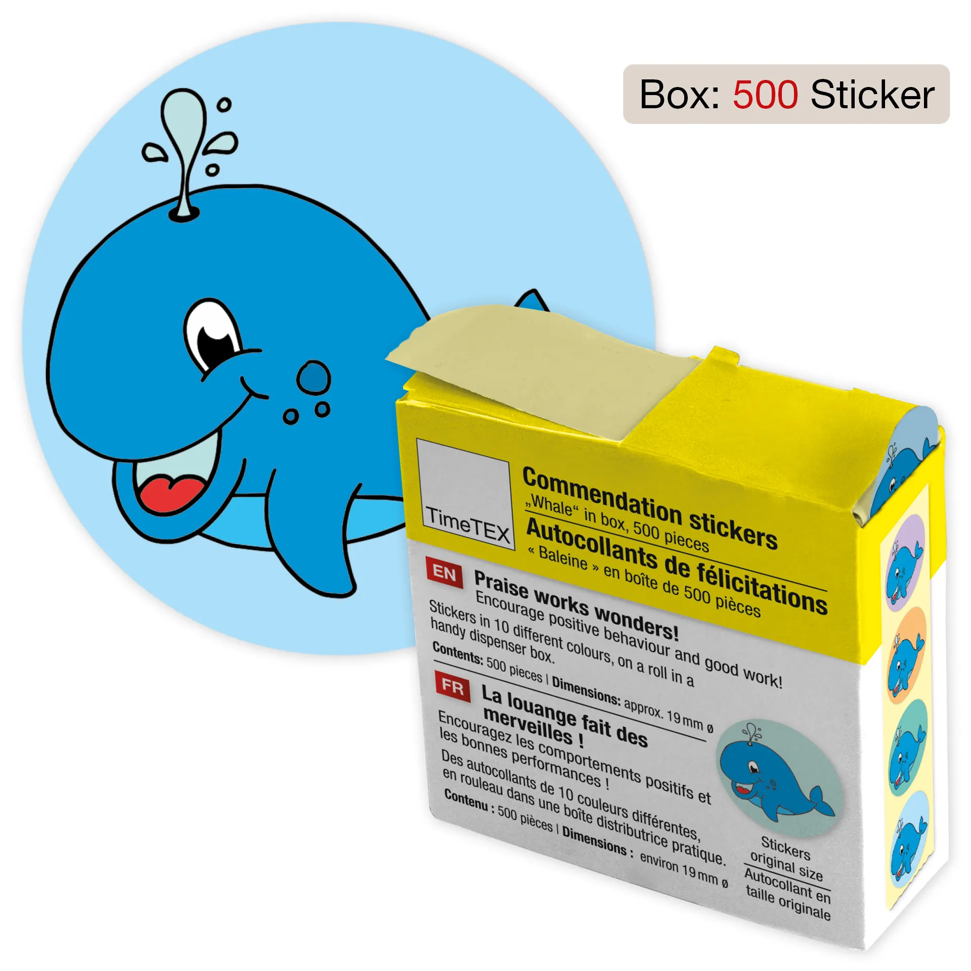 Belobigungs-Aufkleber "Wal" in Spender-Box, 500 Stück