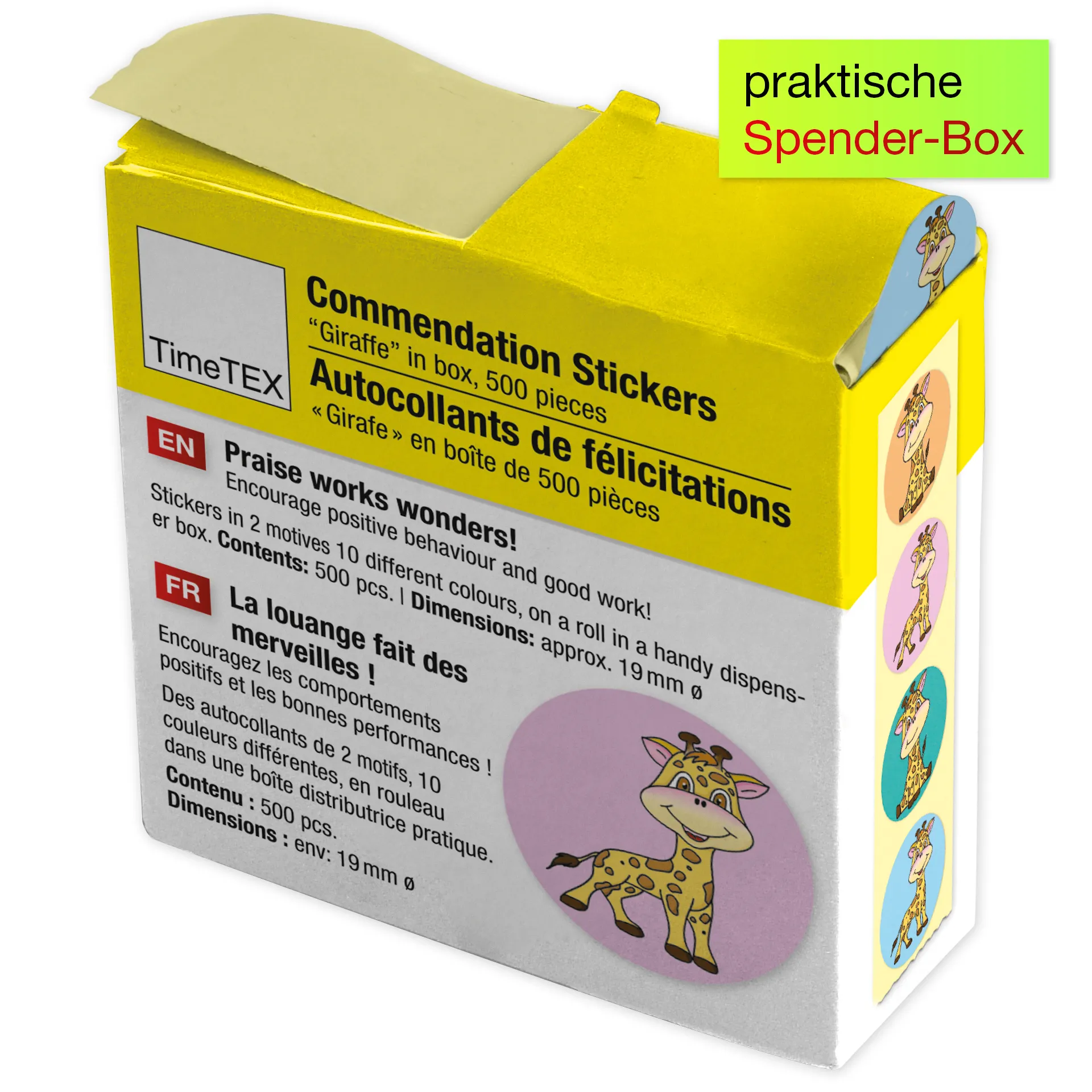 Belobigungs-Aufkleber "Giraffe" in Spender-Box, 500 Stück