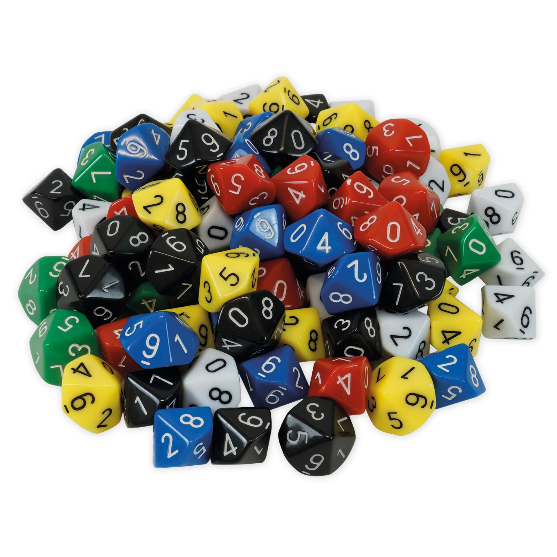 Set Würfel zehnseitig 0-9 (Einer), 100 Stück in Dose