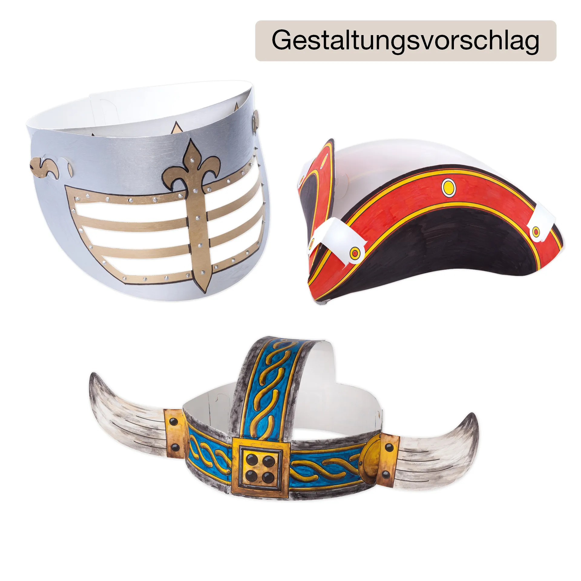 Kinderhüte "Abenteuer" aus Pappe, weiß, 3 Stück