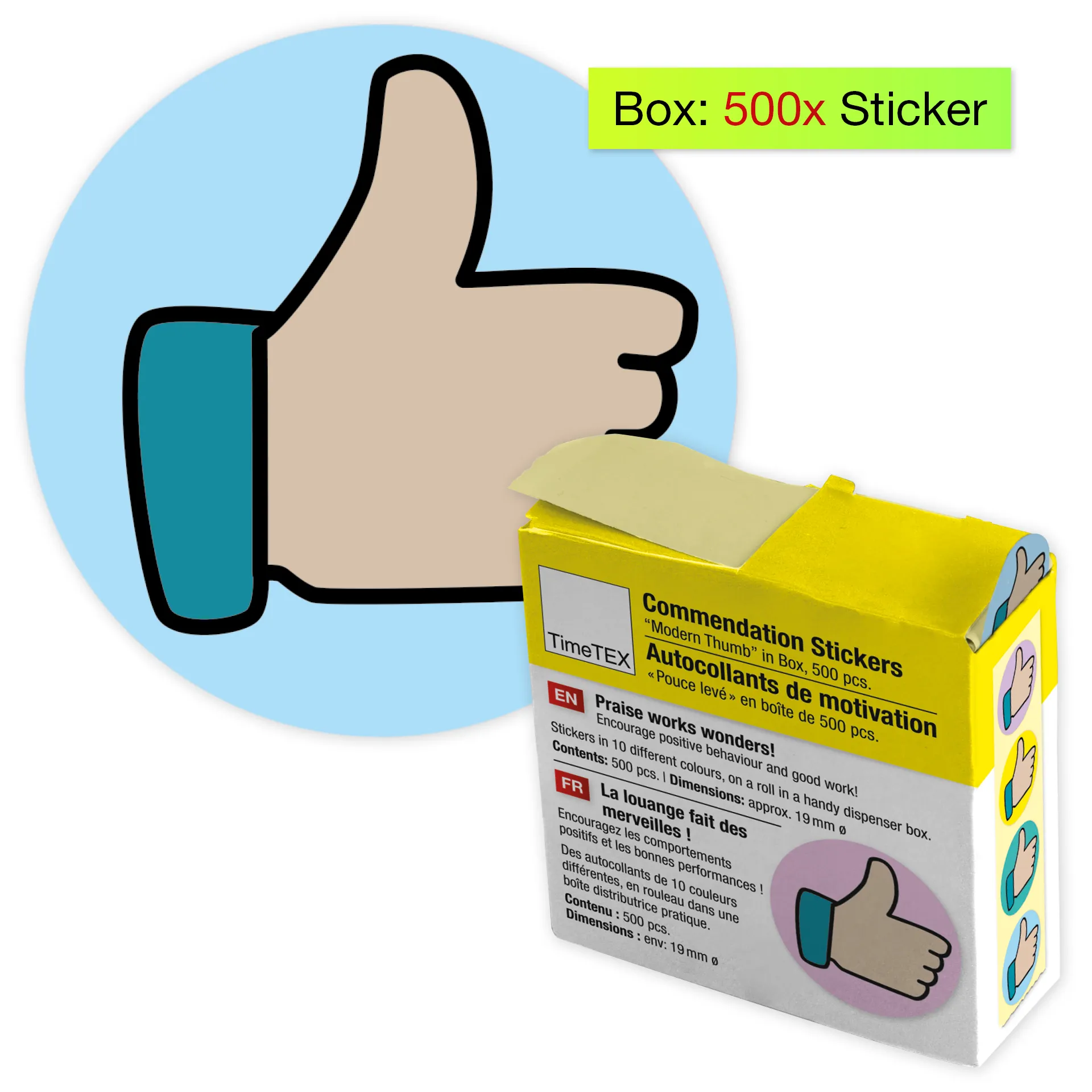 Belobigungs-Aufkleber "Daumen modern" in Spender-Box, 500 Stück