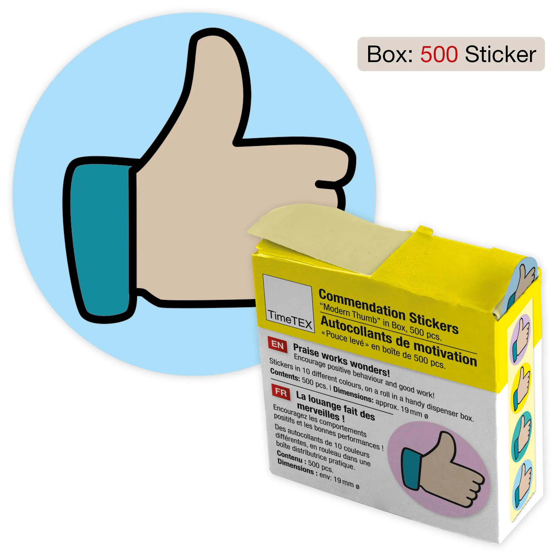 Belobigungs-Aufkleber "Daumen modern" in Spender-Box, 500 Stück