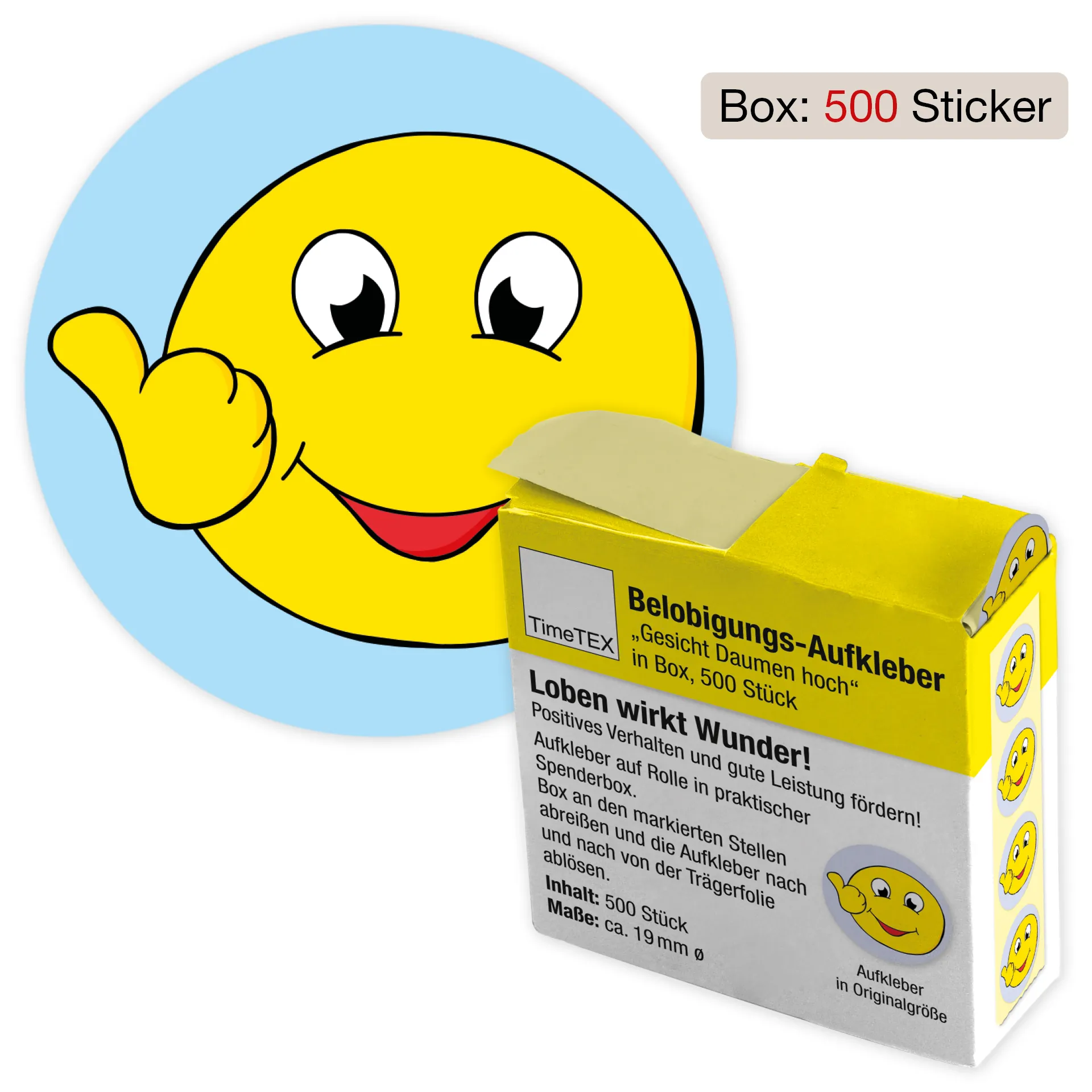 Belobigungs-Aufkleber "Gesicht Daumen hoch" in Spender-Box, 500 Stück