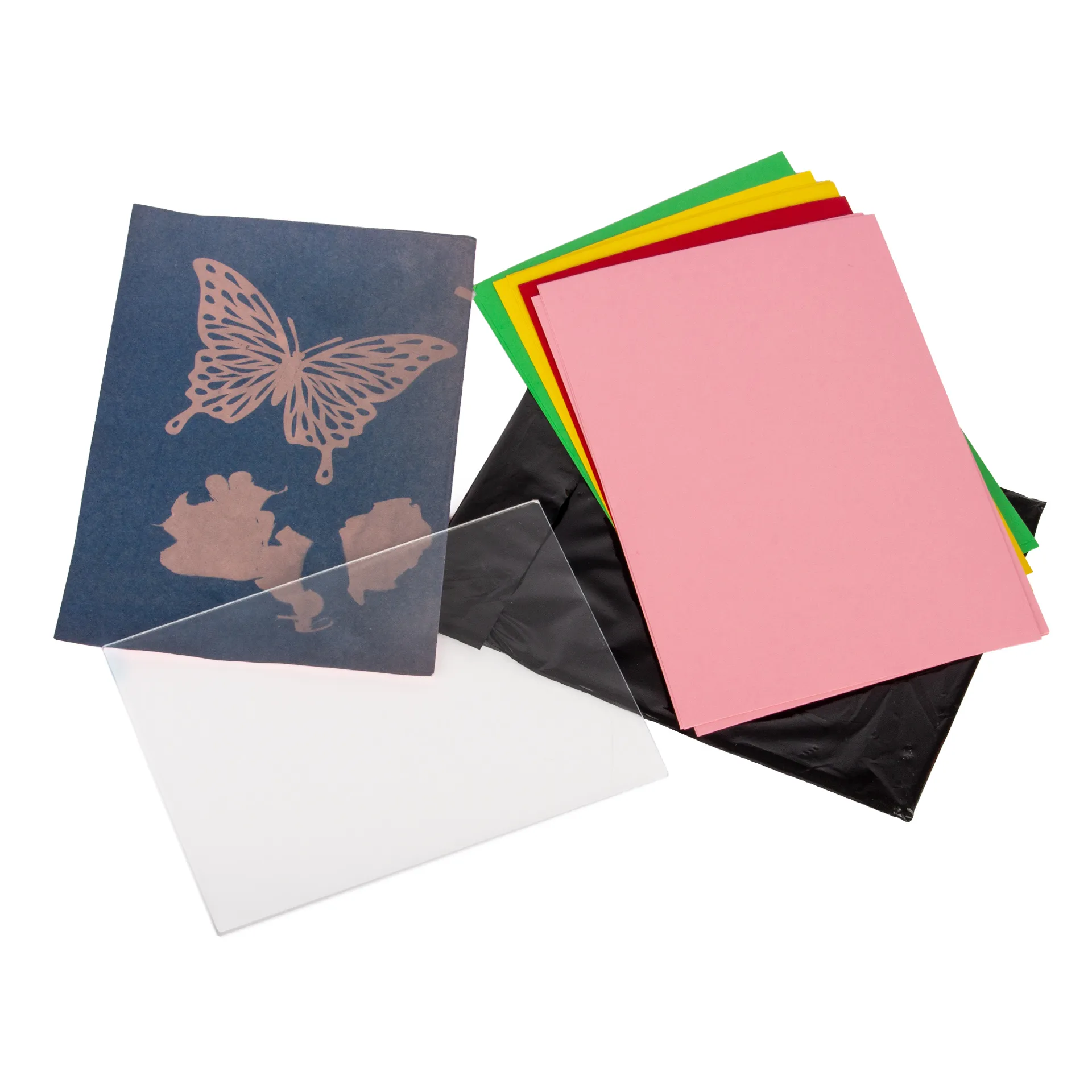 Farbiges Foto-Solarpapier DIN A 5 mit Fixierscheibe (pink, grün, gelb, rot), 16 Blatt