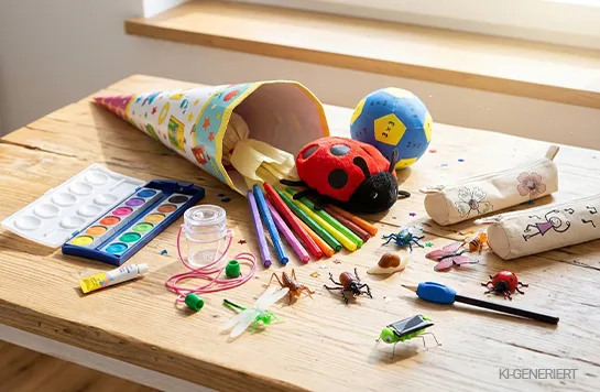 Eine offene Schultüte und verschiedene bunte Geschenke und Bastelmaterialien liegen auf einem Tisch