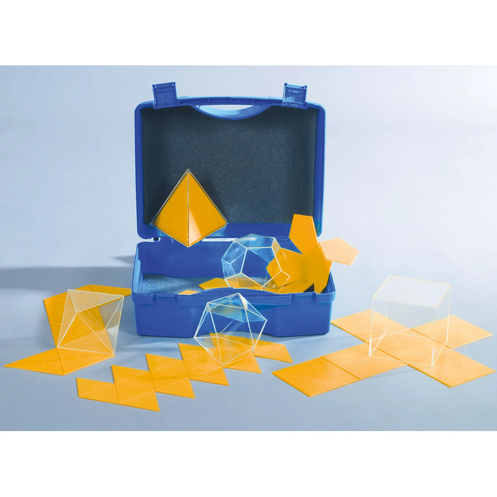 Set "Platonische Körper" mit Flächenabwicklung, 5-tlg. im Koffer