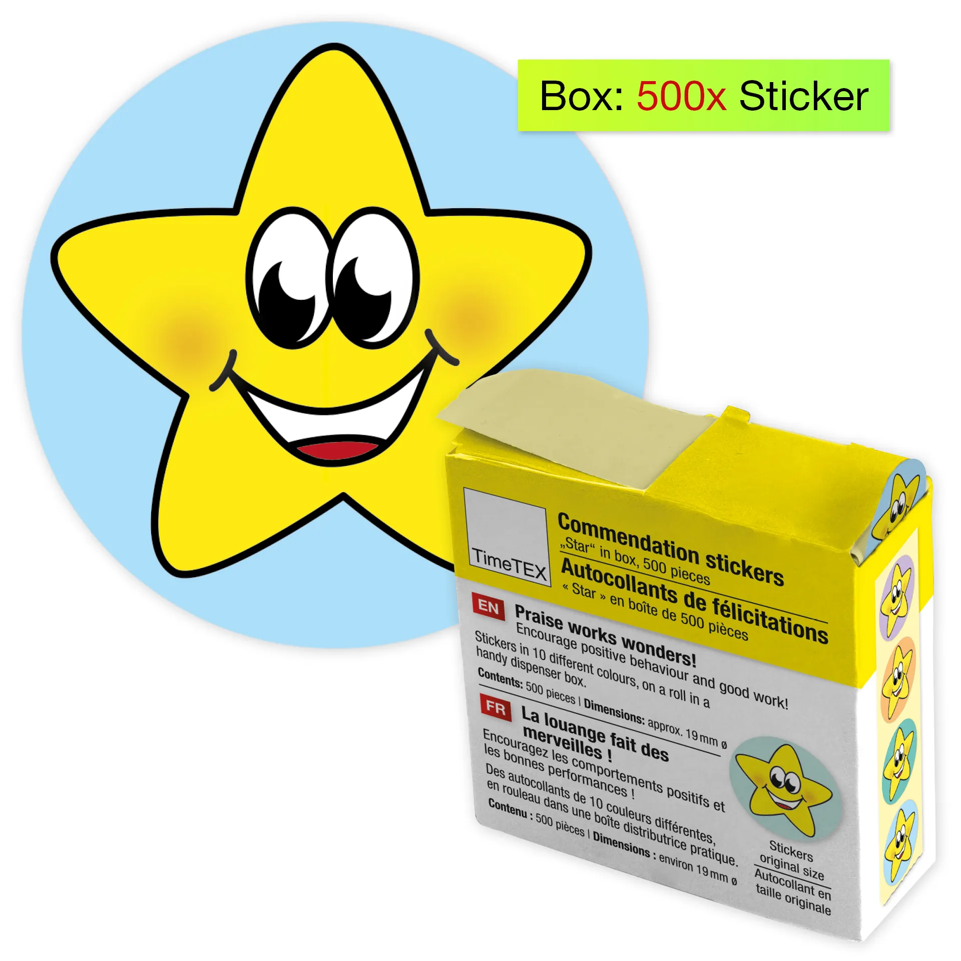 Belobigungs-Aufkleber "Sternchen bunt" in Spender-Box, 500 Stück