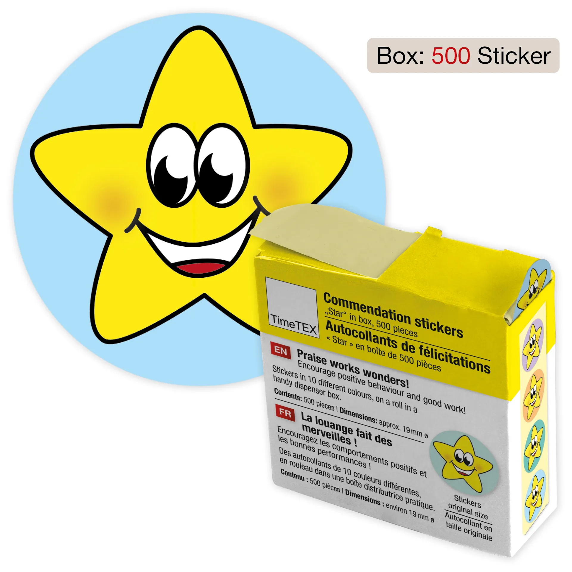 Belobigungs-Aufkleber "Sternchen bunt" in Spender-Box, 500 Stück