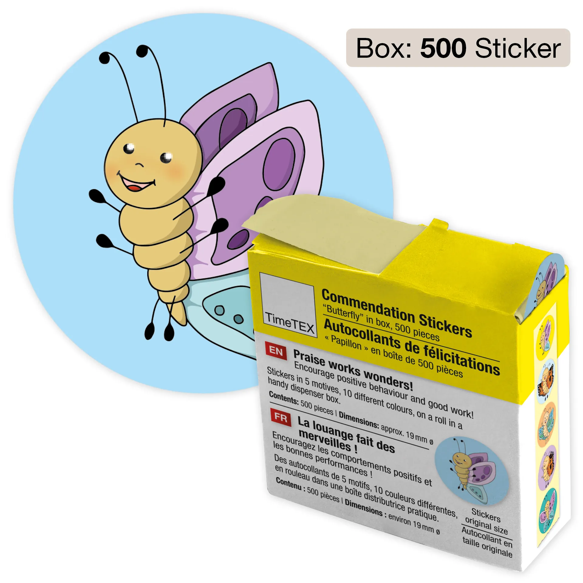 Belobigungs-Aufkleber "Schmetterling" in Spender-Box, 500 Stück