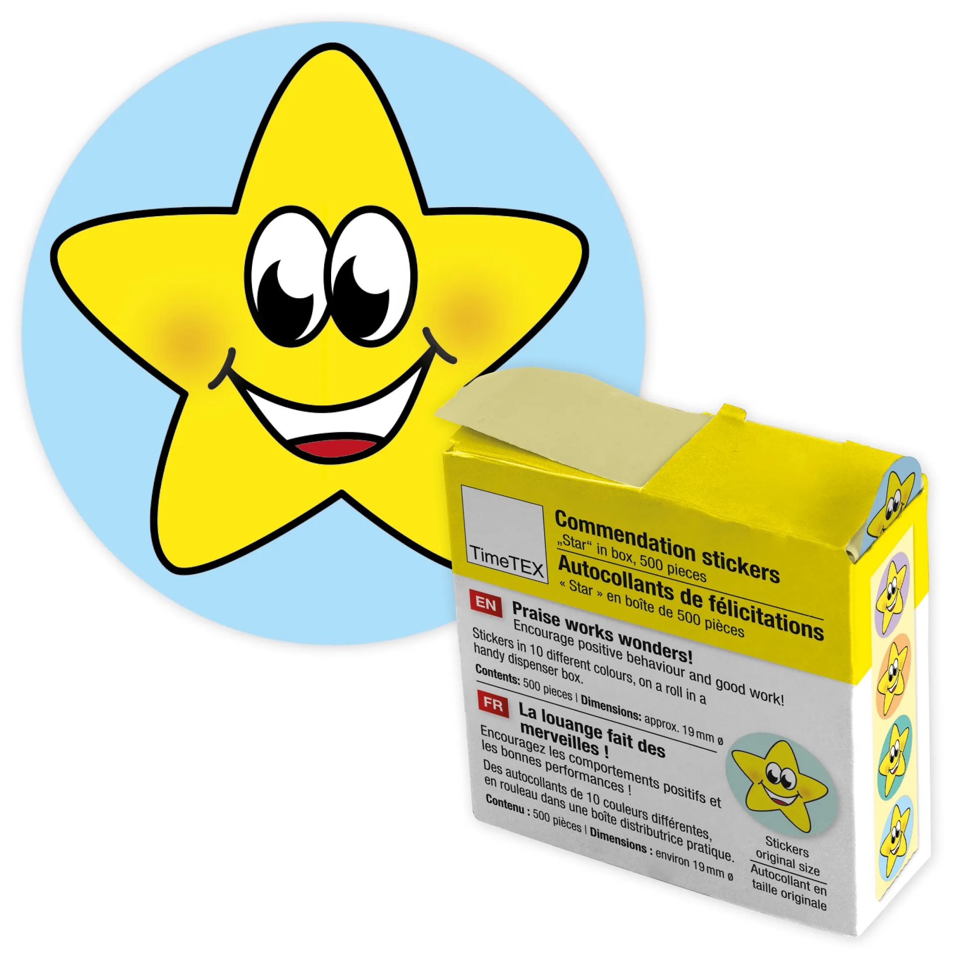 Belobigungs-Aufkleber "Sternchen bunt" in Spender-Box, 500 Stück