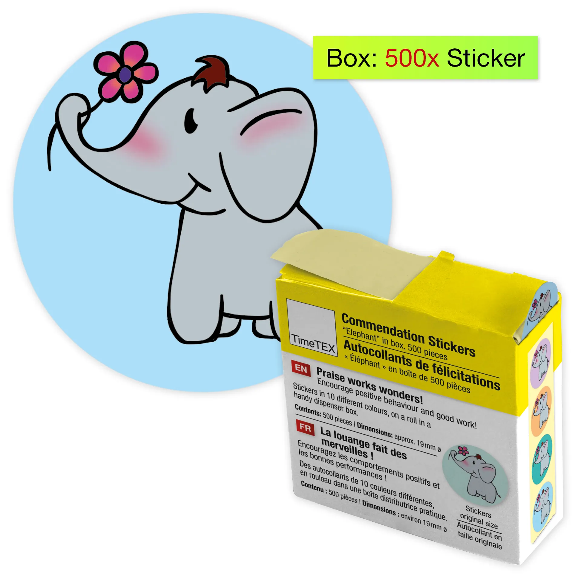 Belobigungs-Aufkleber "Elefant" in Spender-Box, 500 Stück