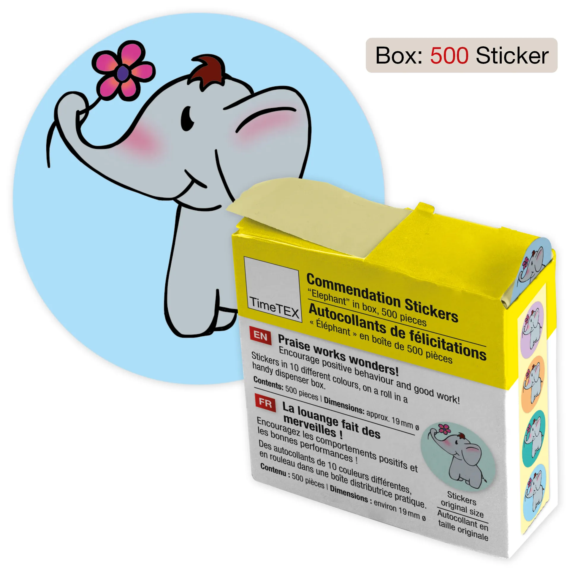 Belobigungs-Aufkleber "Elefant" in Spender-Box, 500 Stück