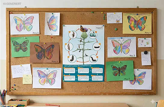 Pinnwand mit verschieden Bildern von Schmetterlingen sowie Infoblatt zum Lebenszyklus