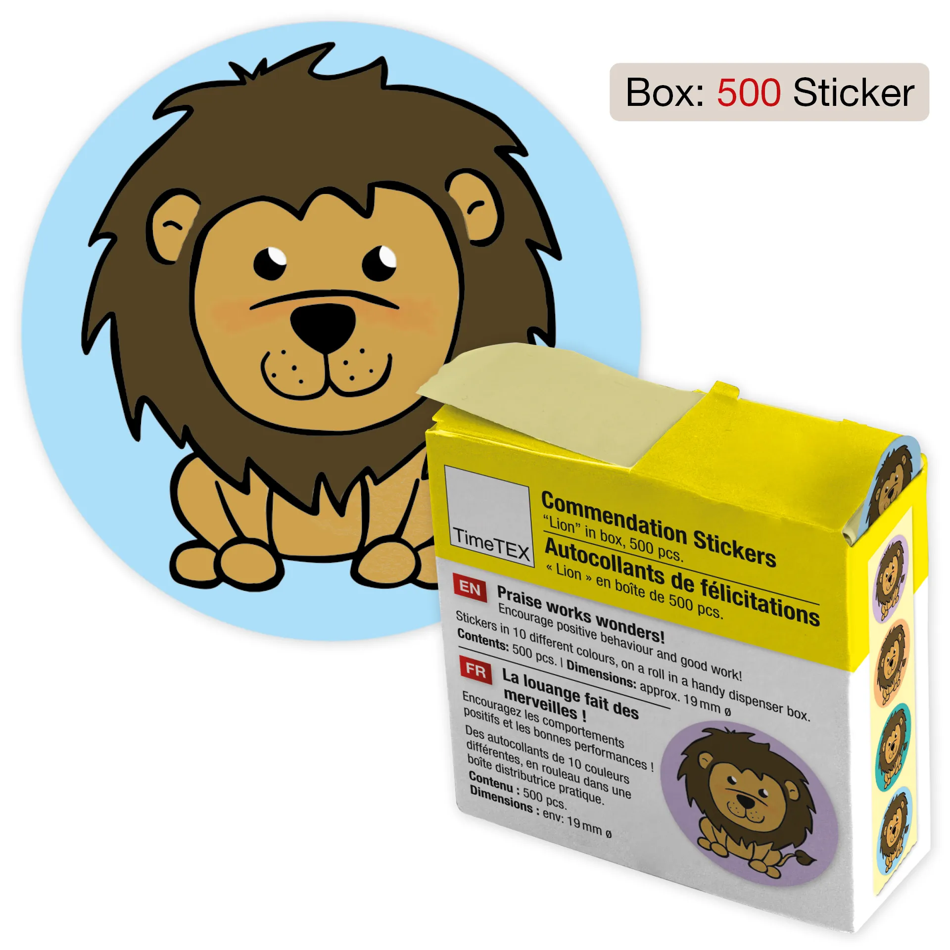 Belobigungs-Aufkleber "Löwe" in Spender-Box, 500 Stück