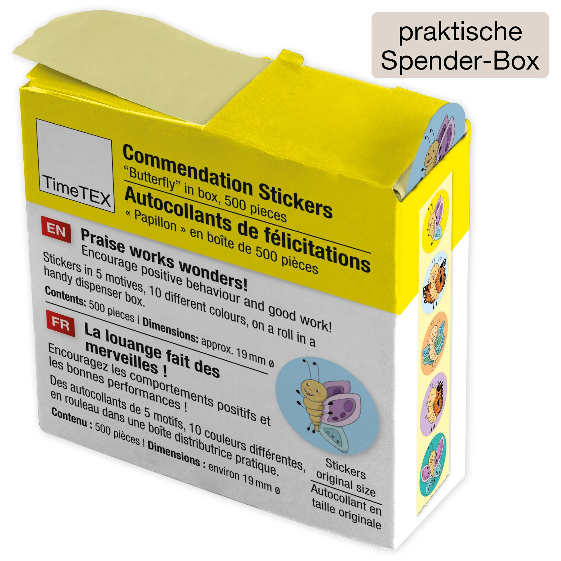 Belobigungs-Aufkleber "Schmetterling" in Spender-Box, 500 Stück