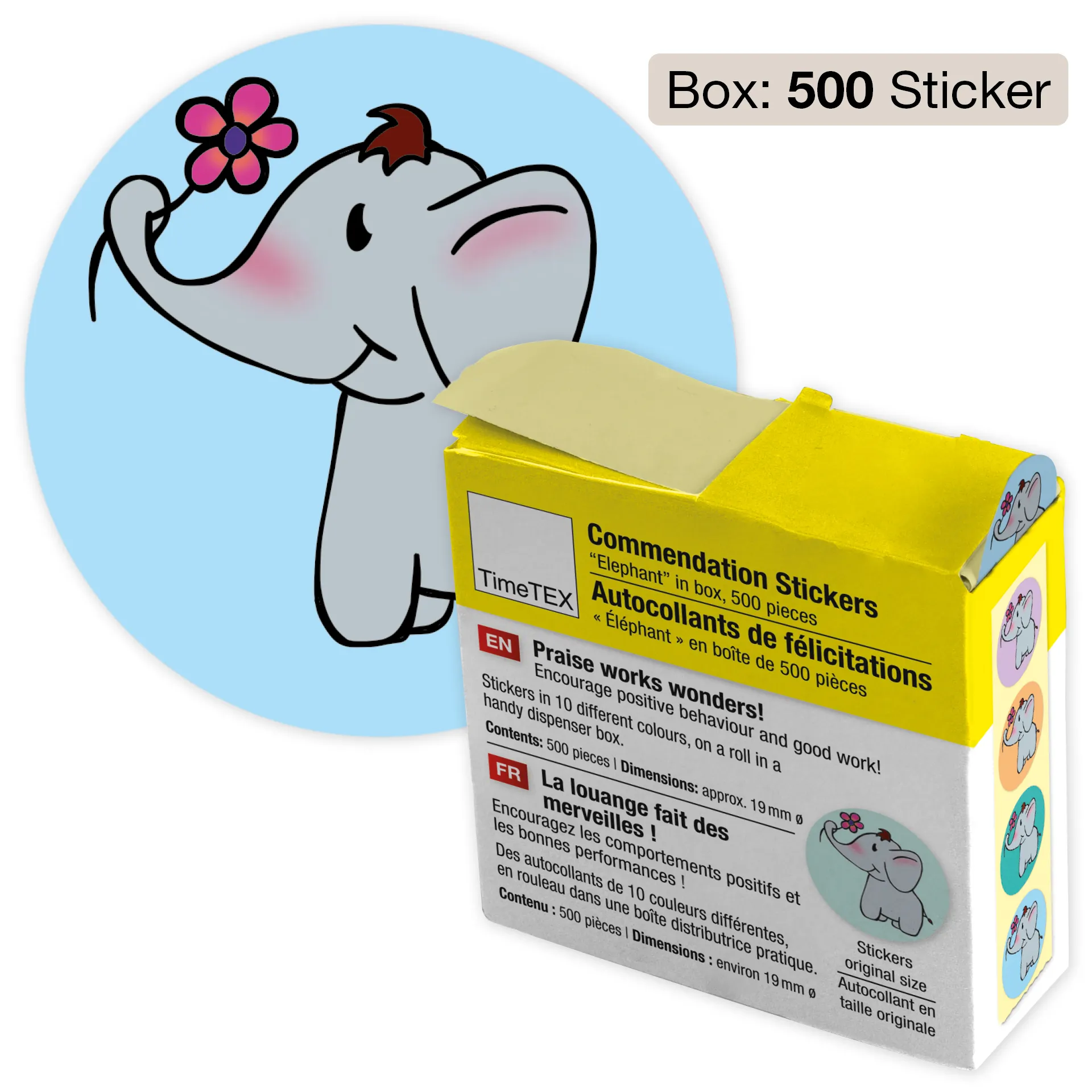 Belobigungs-Aufkleber "Elefant" in Spender-Box, 500 Stück