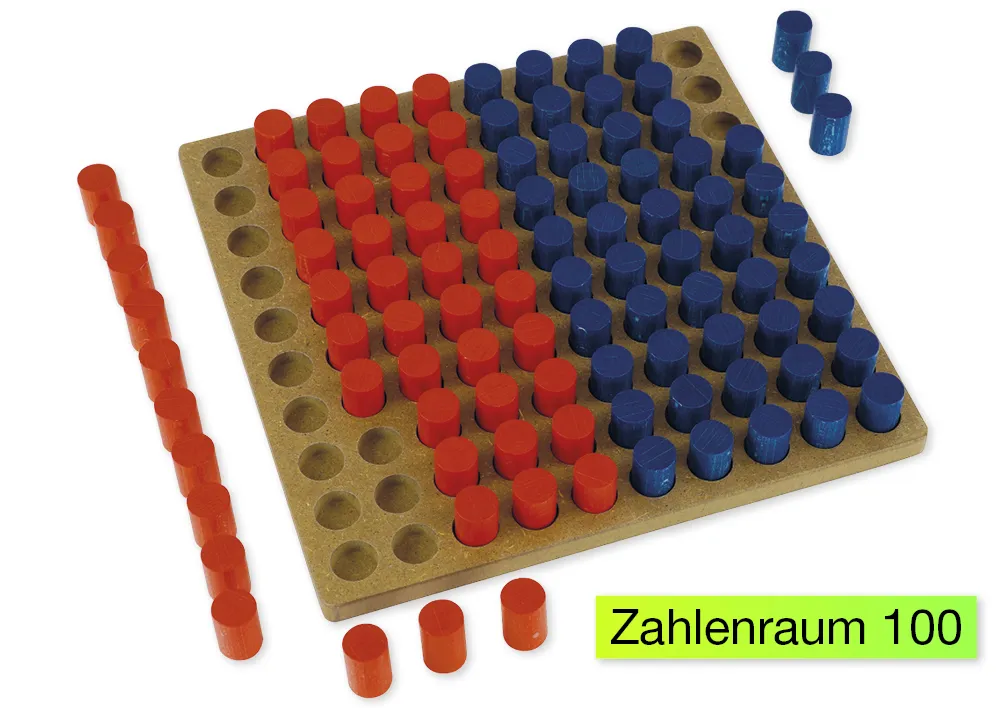 Hunderter-Steckbrett mit Türmchen, 100-er Zahlenraum, rot-blau, 101-tlg.